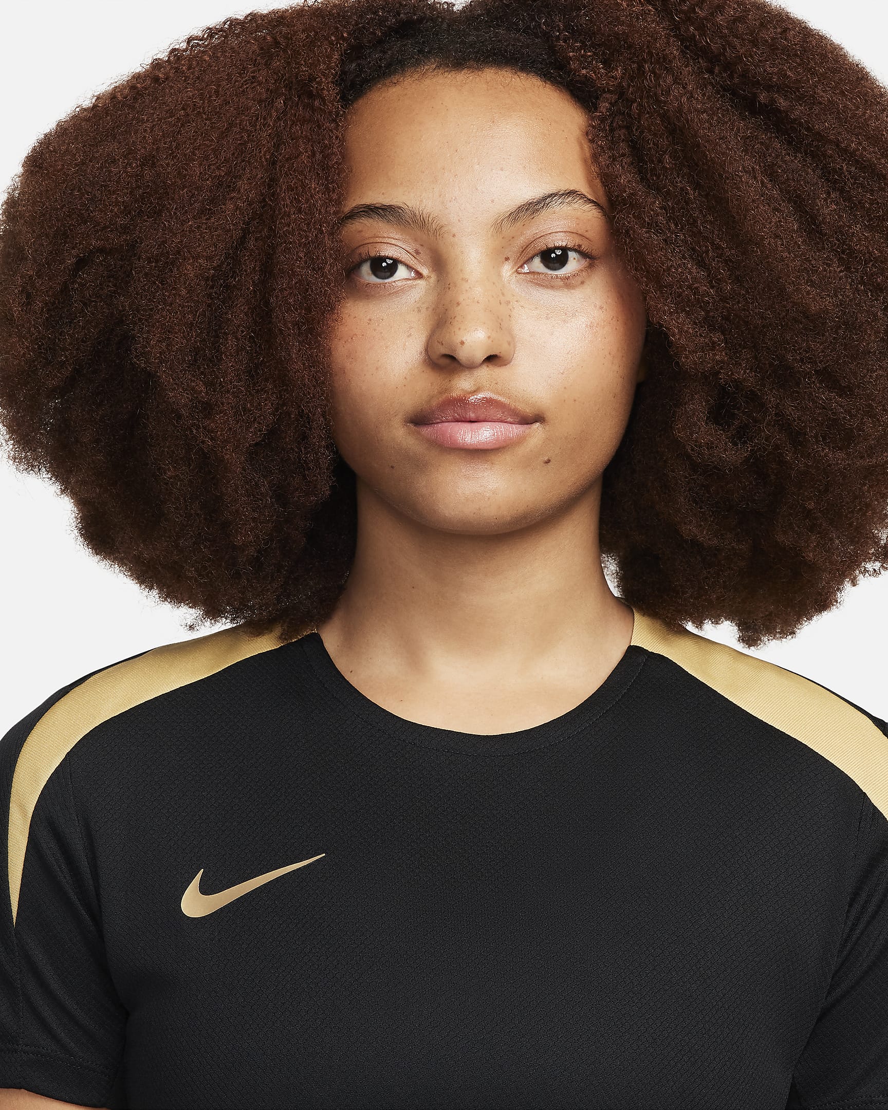 Nike Strike Dri-FIT Kurzarm-Fußballoberteil für Damen - Schwarz/Jersey Gold/Metallic Gold