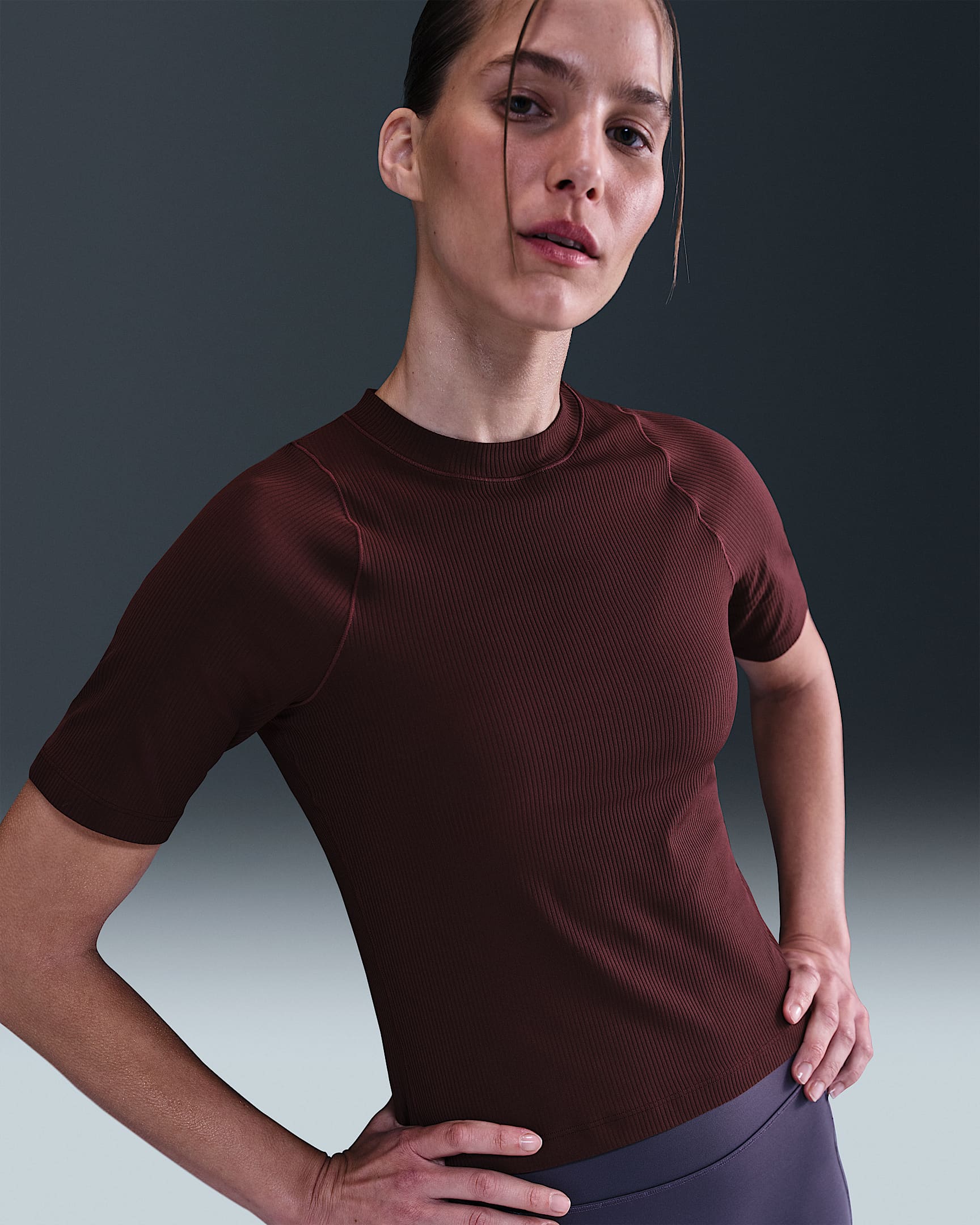 Nike Zenvy Rib Women's Dri-FIT Short-Sleeve Top - Burgundy Crush/White