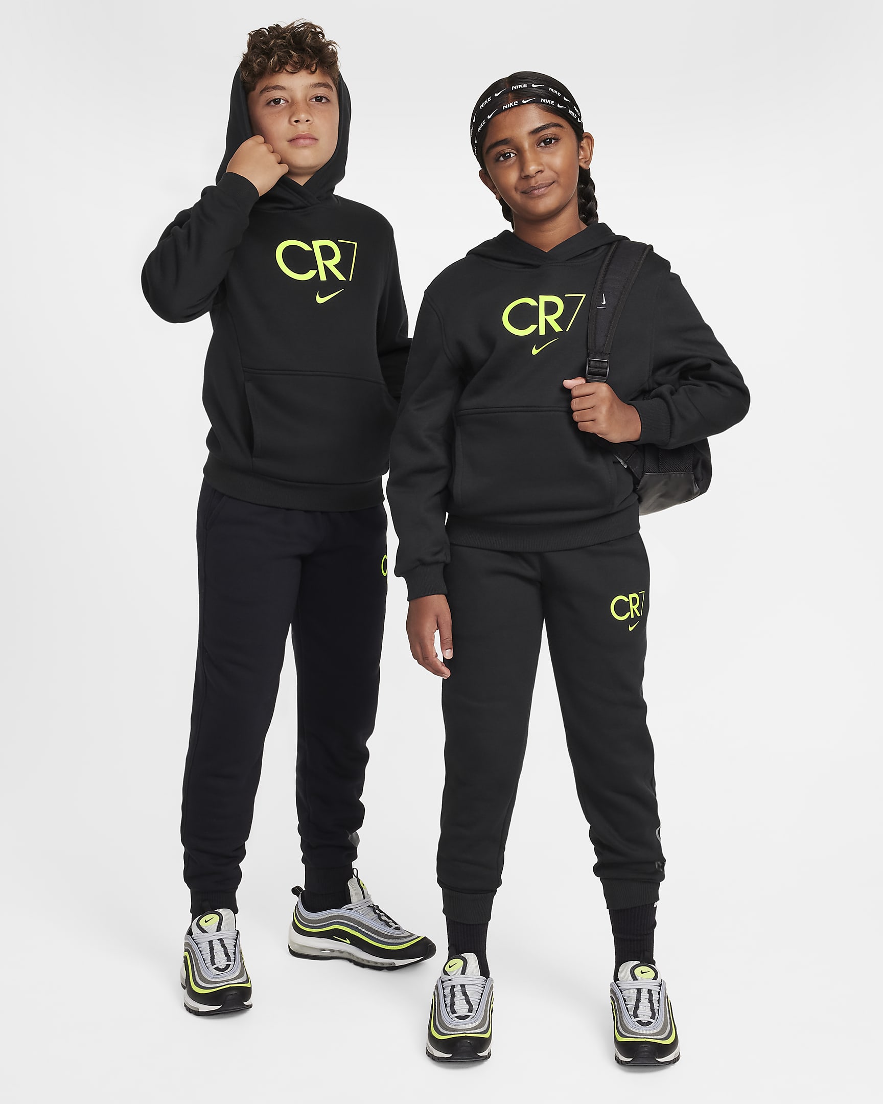 CR7 Club Fleece-fodboldhættetrøje til større børn - sort/Volt