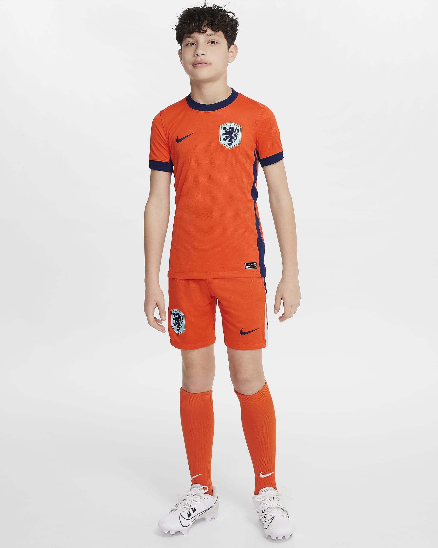 Camisola de futebol de réplica Nike Dri-FIT do equipamento principal Stadium Países Baixos (equipa masculina) 2024/25 Júnior - Laranja Safety/Azul Void/Copa/Azul Void