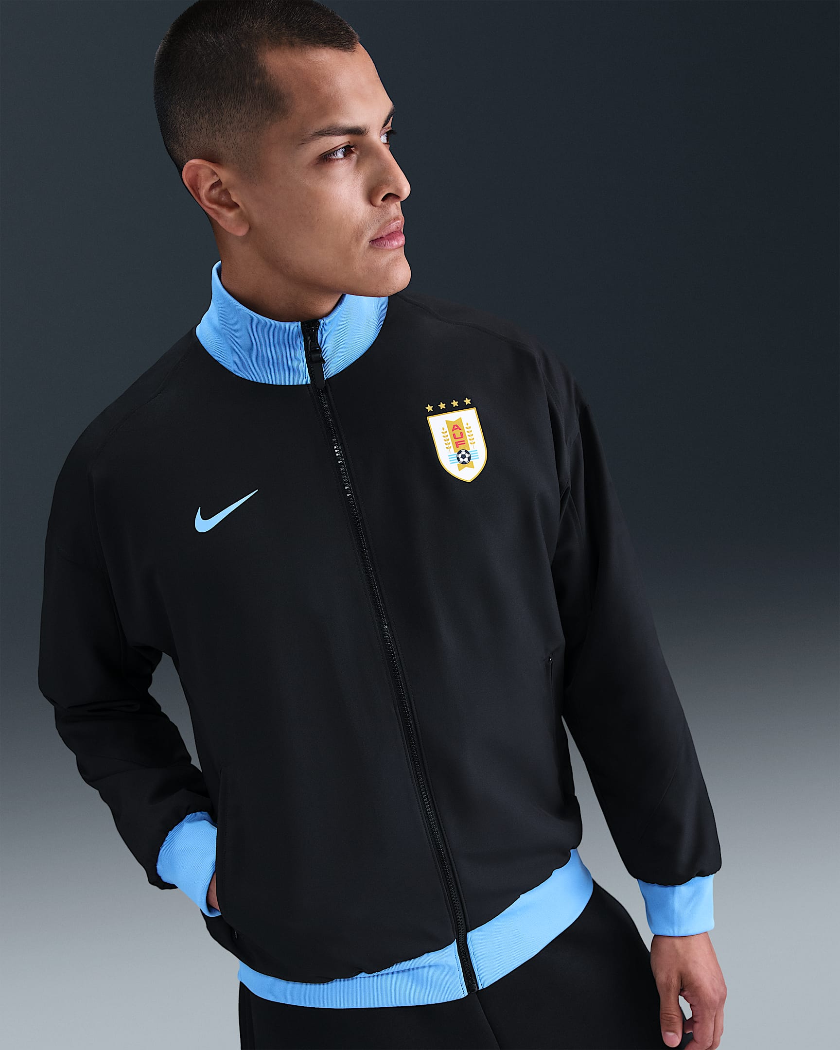 Chamarra Anthem de fútbol Nike Dri-FIT para hombre Uruguay Strike - Negro/Azul universitario/Azul universitario