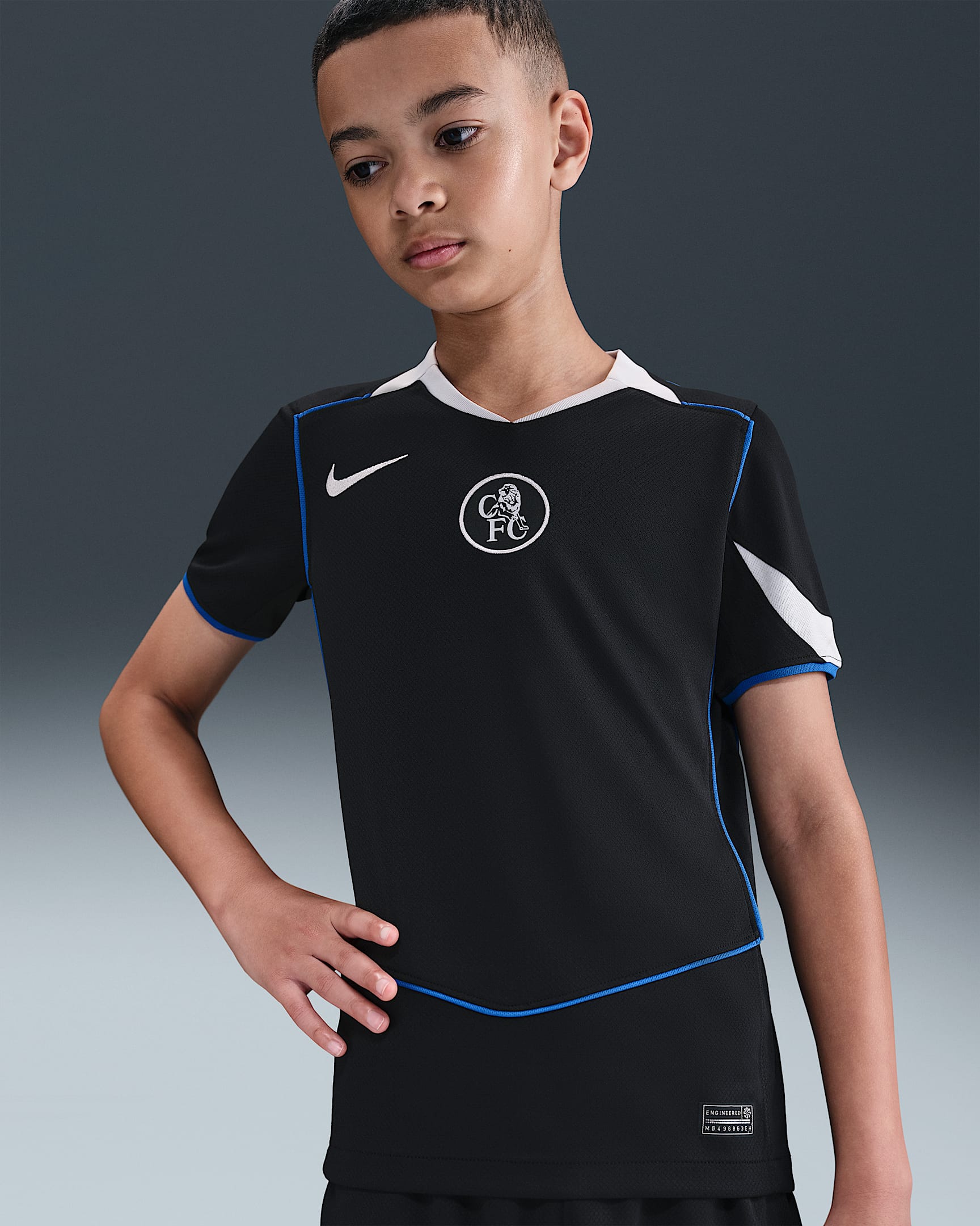 Chelsea F.C. 2025/26 Stadium Third Older Kids' Nike Dri-FIT Total 90 Football Replica Shirt - Black/Field Silver/Game Royal/Field Silver