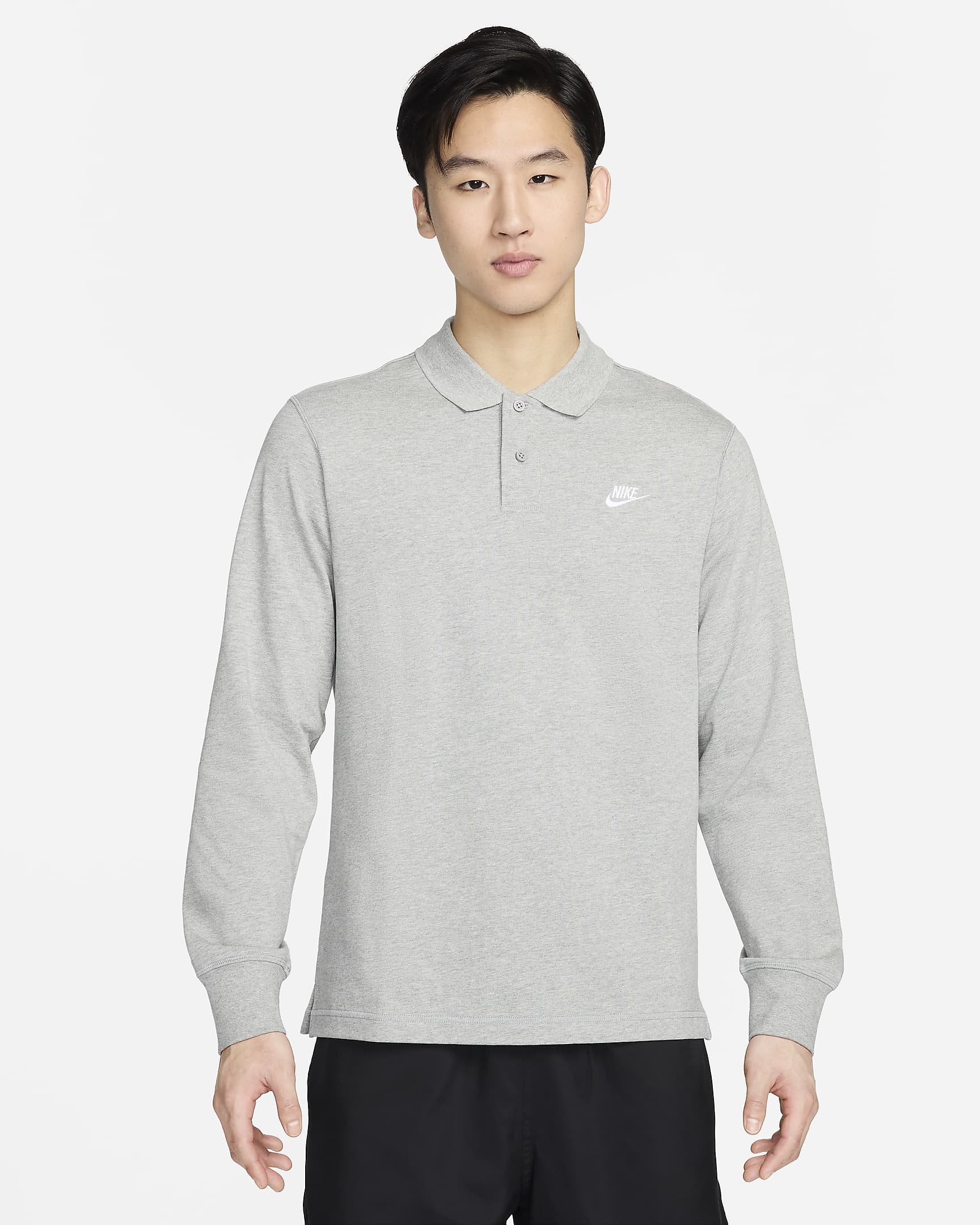 Nike Club Men's Long-Sleeve Knit Polo - Dark Grey Heather/White