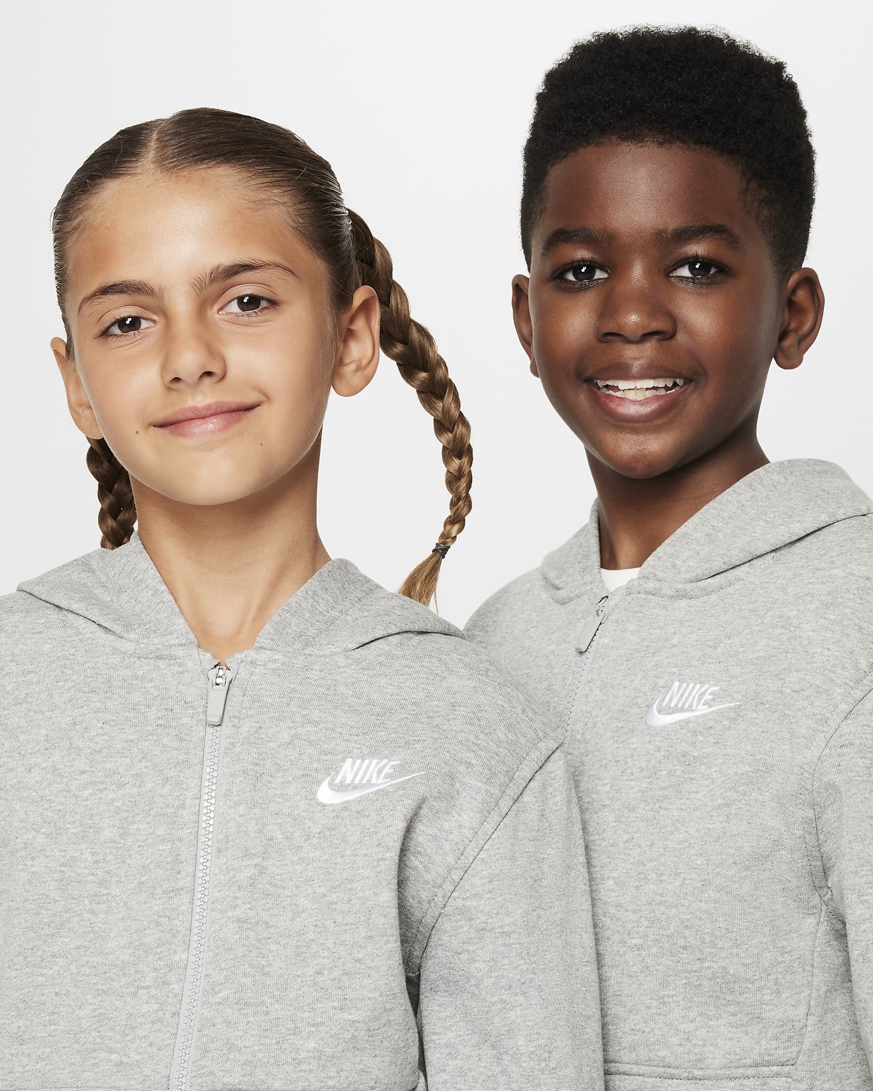 Nike Club Fleece Older Kids' French Terry Full-Zip Hoodie - Dark Grey Heather/Base Grey/White