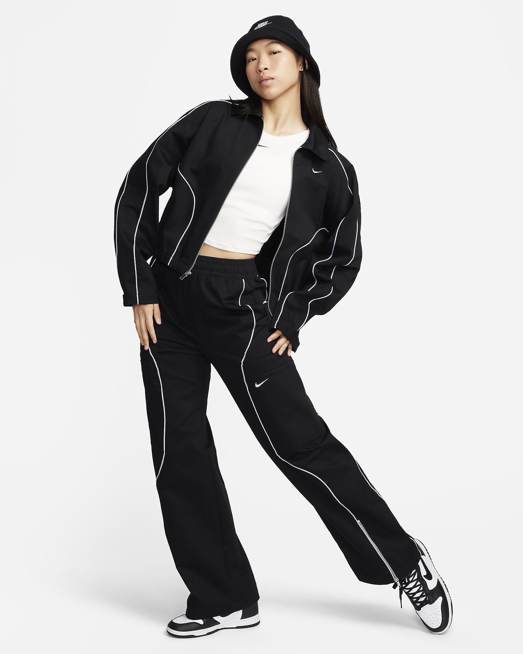 Nike Sportswear Women's High-Waisted Woven Trousers - Black/Light Pumice/White