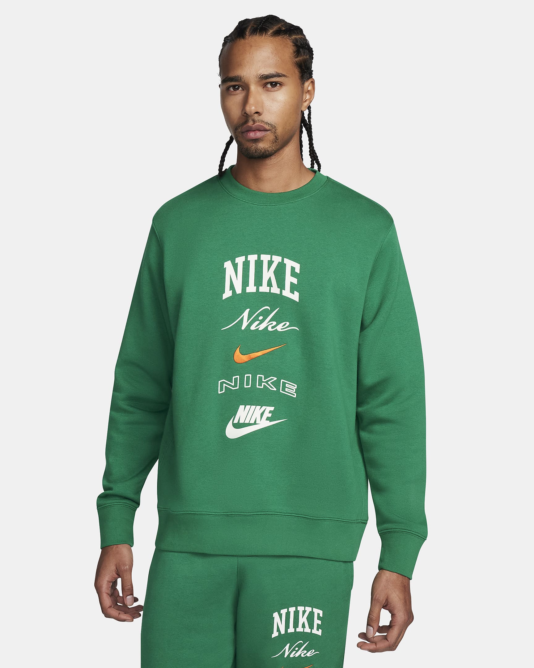 Nike Club Fleece Men's Long-Sleeve Crew-Neck Sweatshirt - Malachite/Safety Orange