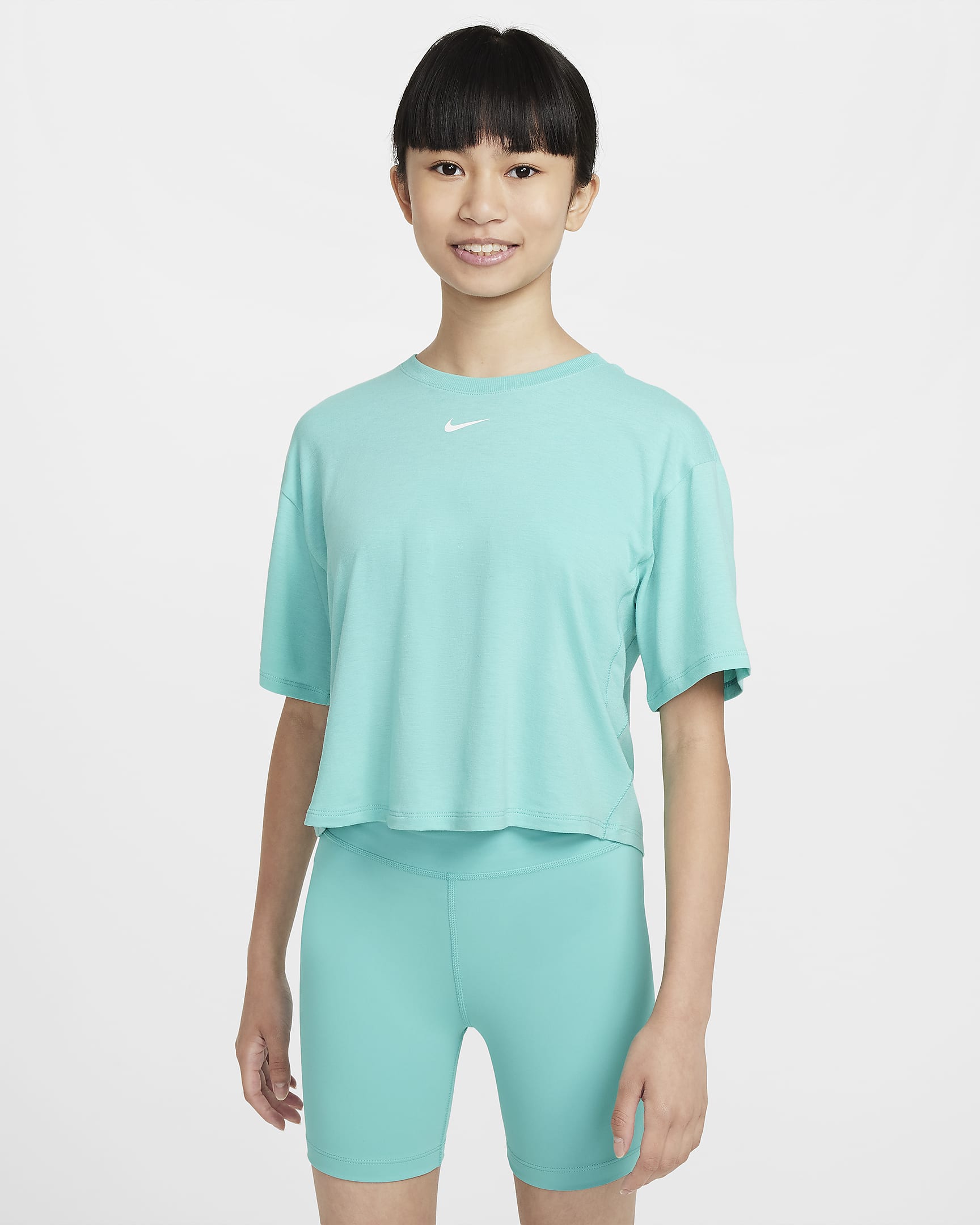 Playera de manga corta Dri-FIT para niña talla grande Nike One Relaxed - Escarcha verde/Blanco