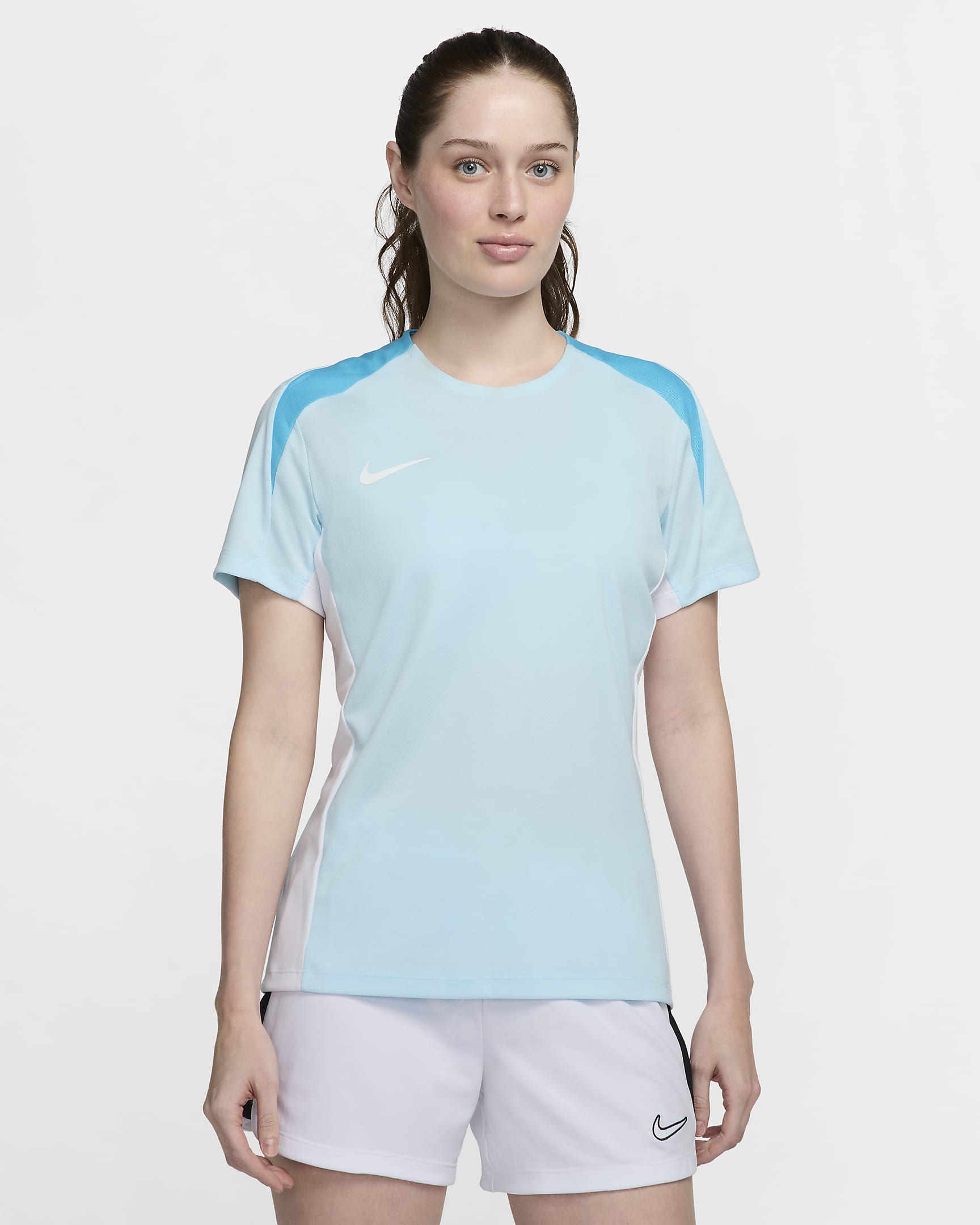 Haut de foot à manches courtes Dri-FIT Nike Strike pour femme - Glacier Blue/Baltic Blue/Blanc/Blanc