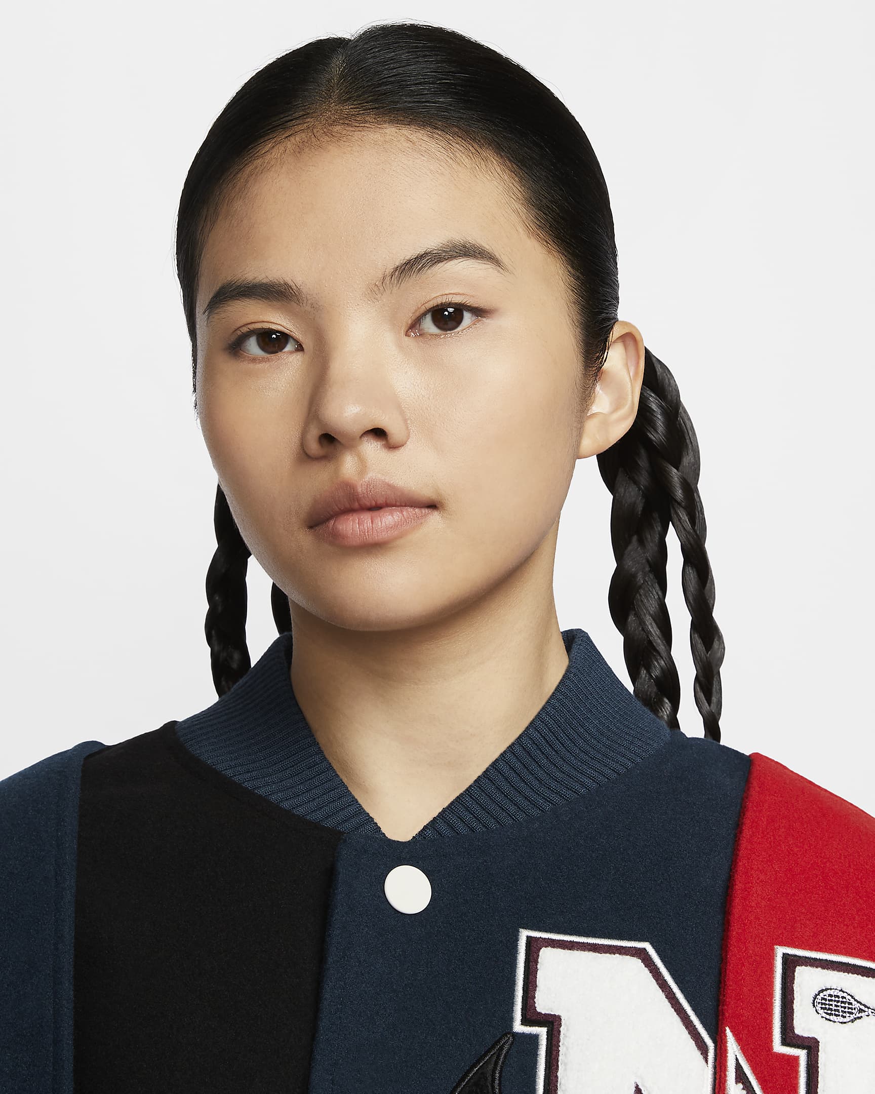 Nike Women by YOON Women's Oversized Varsity Jacket - Black/Armoury Navy/Phantom/White