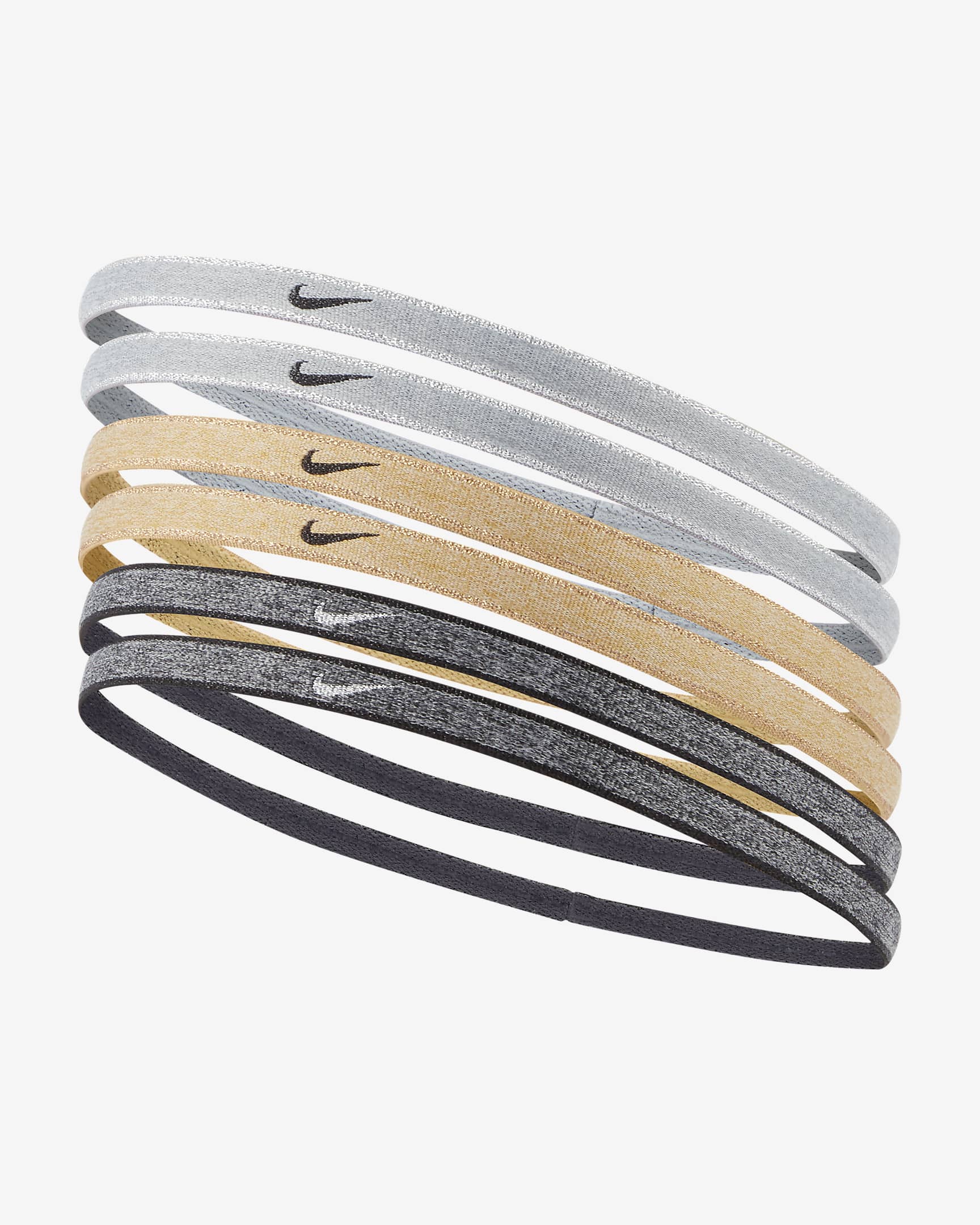 Fascia per capelli metallizzata Nike Swoosh Sport (confezione da 6) - Wolf Grey/Nero/Club Gold/Oro metallizzato