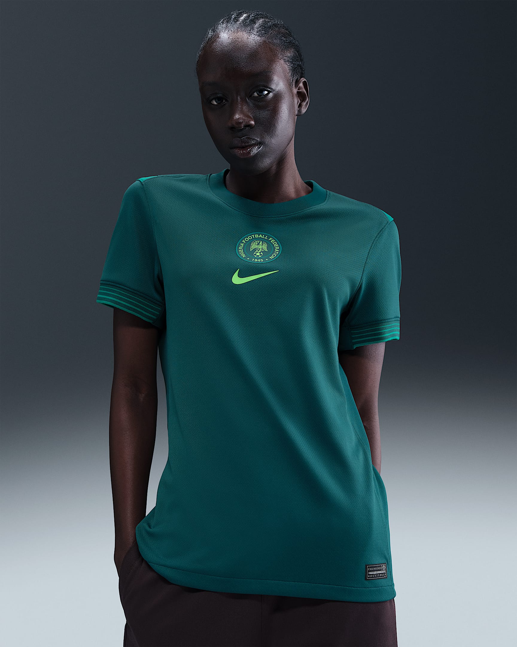 Primera equipació Stadium Nigèria 2025 (selecció femenina) Samarreta de futbol Replica Nike Dri-FIT - Dona - Blau verd intens/Mardi Gras/Green Strike
