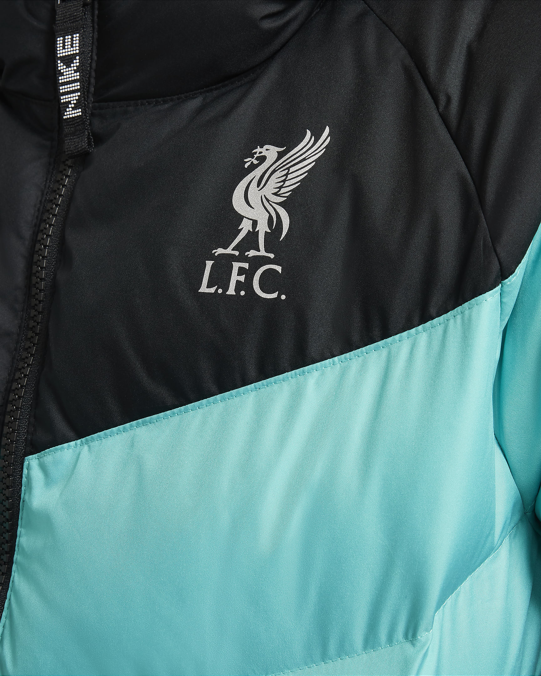 Liverpool F.C. Older Kids' Nike Football Synthetic-Fill Hooded Jacket - Black/Washed Teal/Metallic Silver