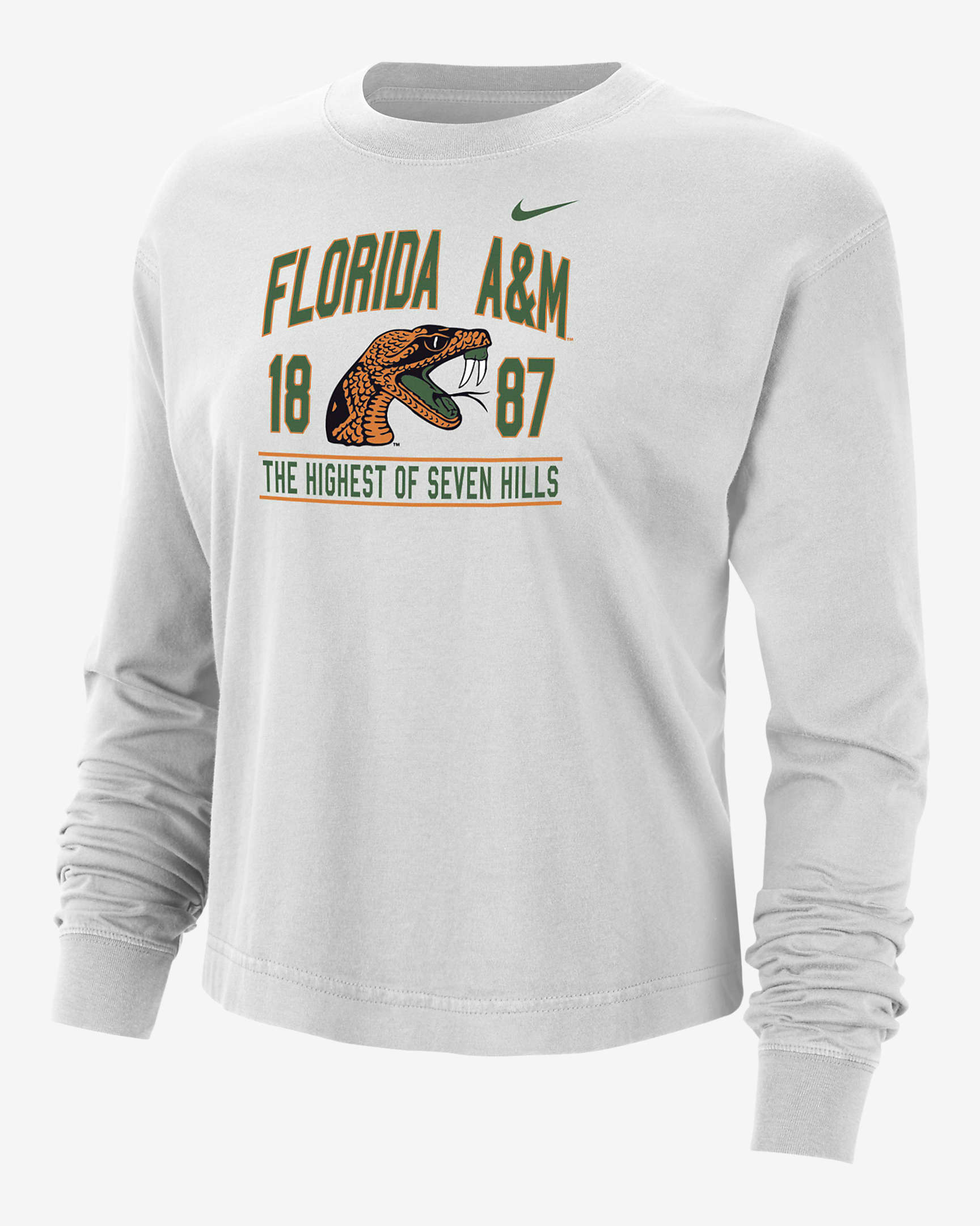 Playera de manga larga universitaria Nike de corte cuadrado para mujer FAMU - Polvo fotón