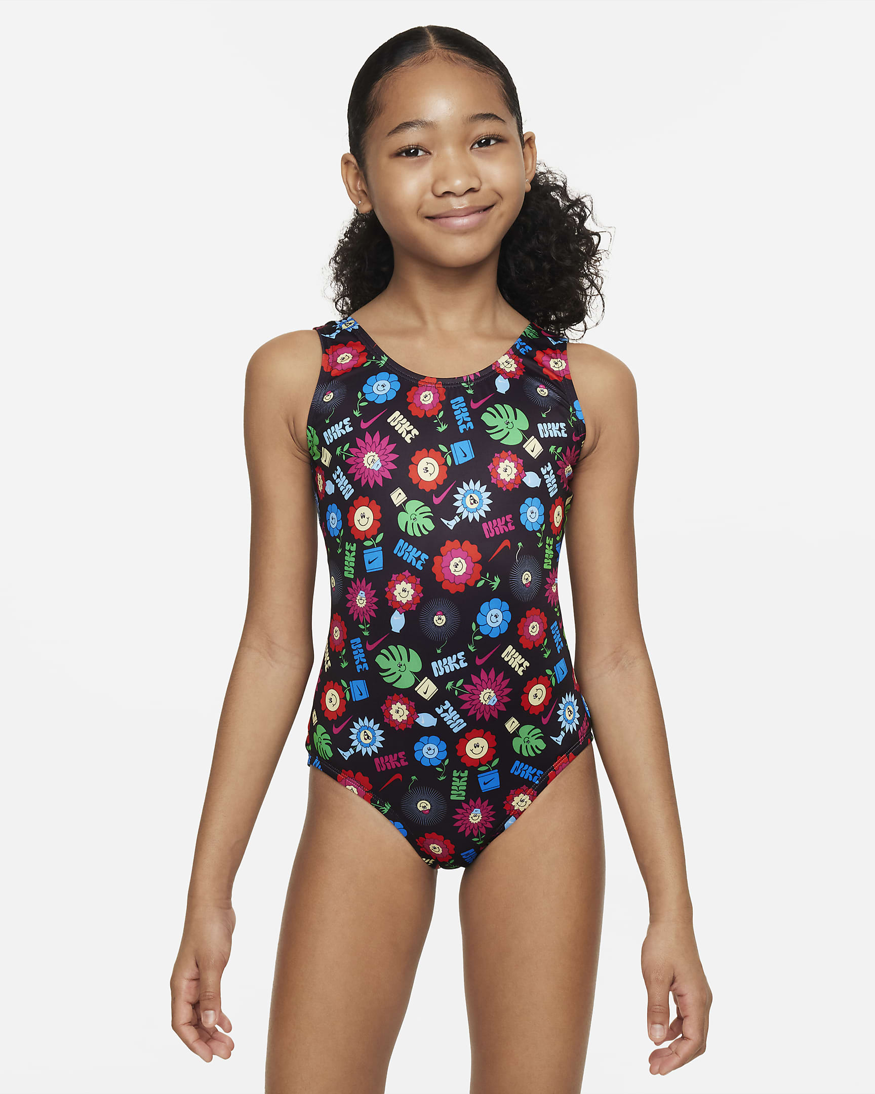 Traje de baño de una pieza con diseño de espalda en U para niña talla grande Nike Swim Garden Party - Negro