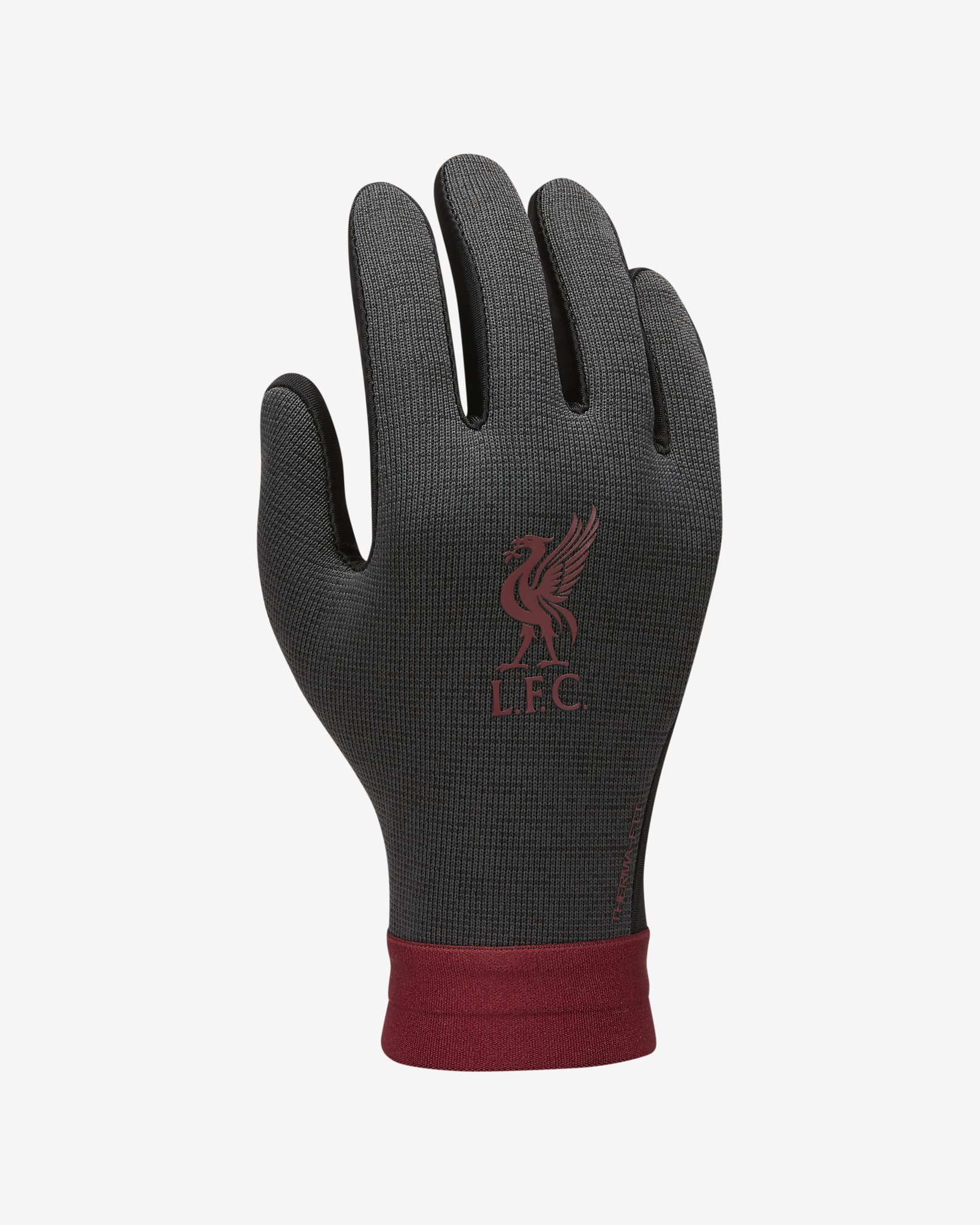 Liverpool FC Academy Nike Therma-FIT voetbalhandschoenen voor kids - Zwart/Dark Smoke Grey/Team Red