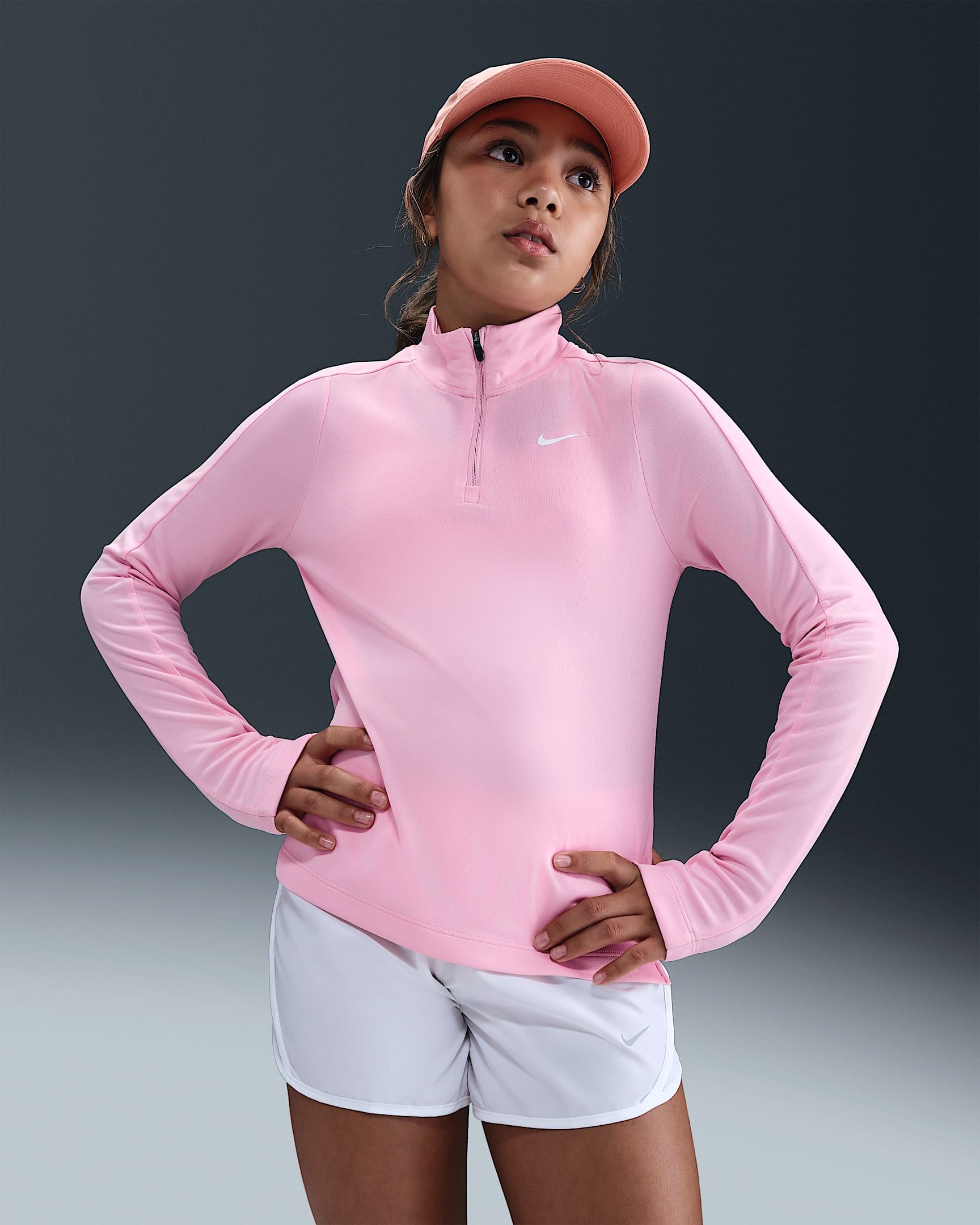 Haut à manches longues et 1/4 de zip Dri-FIT Nike pour fille - Medium Soft Pink/Blanc