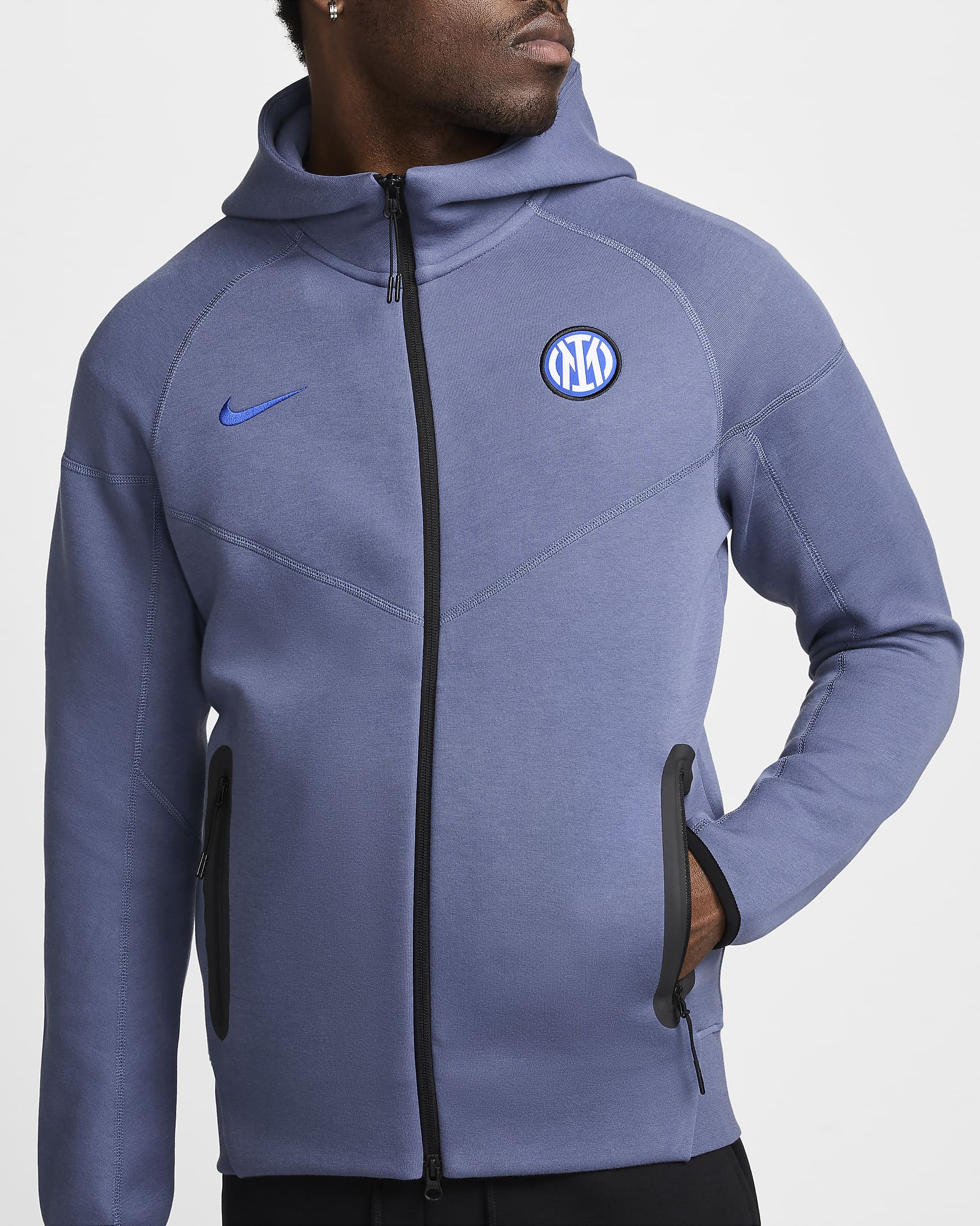 Inter Milan Tech Fleece Windrunner Nike Tam Boy Fermuarlı Erkek Kapüşonlu Futbol Üstü - Diffused Blue/Siyah/Lyon Blue