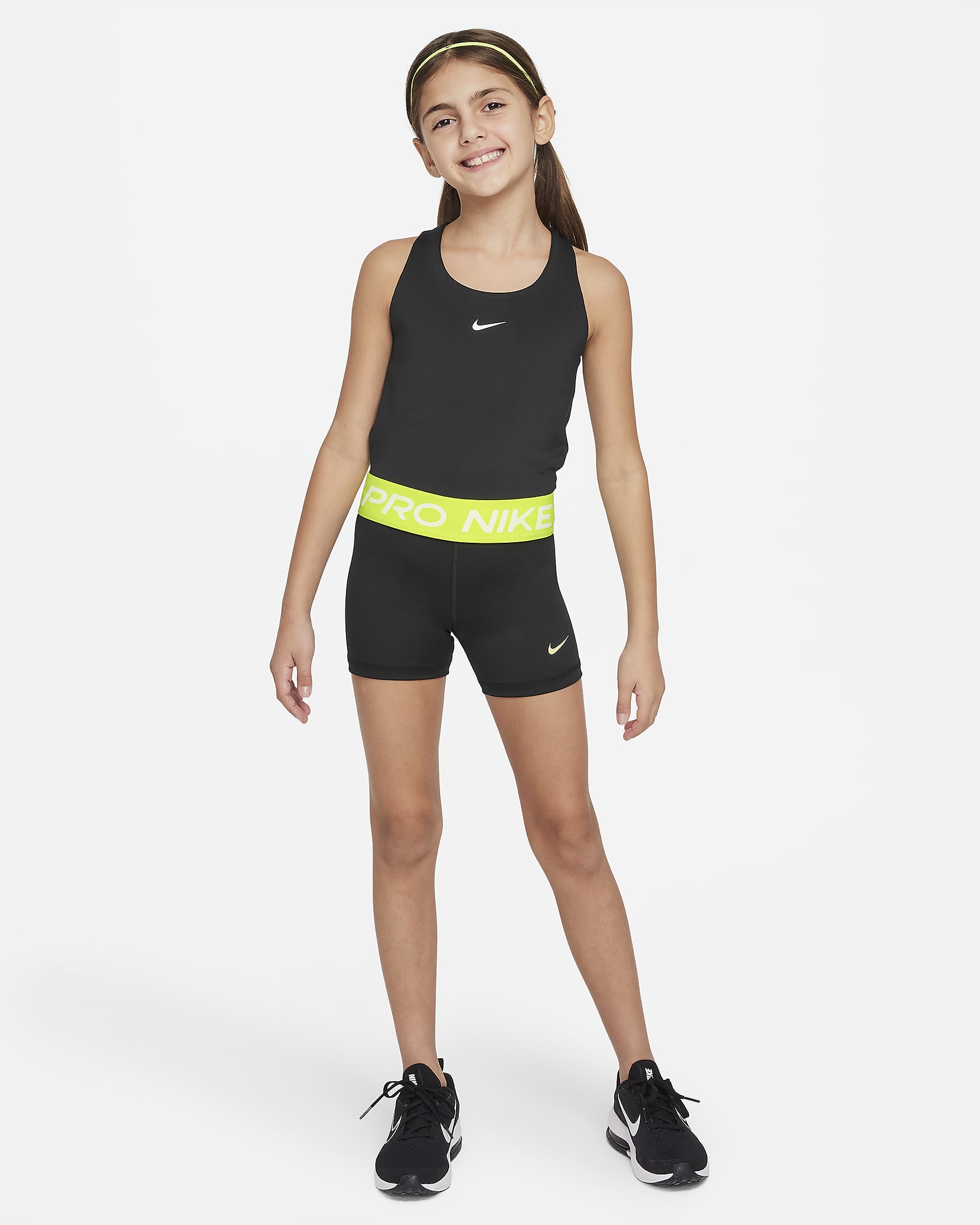 Shorts para niña talla grande Nike Pro - Negro/Volt/Blanco