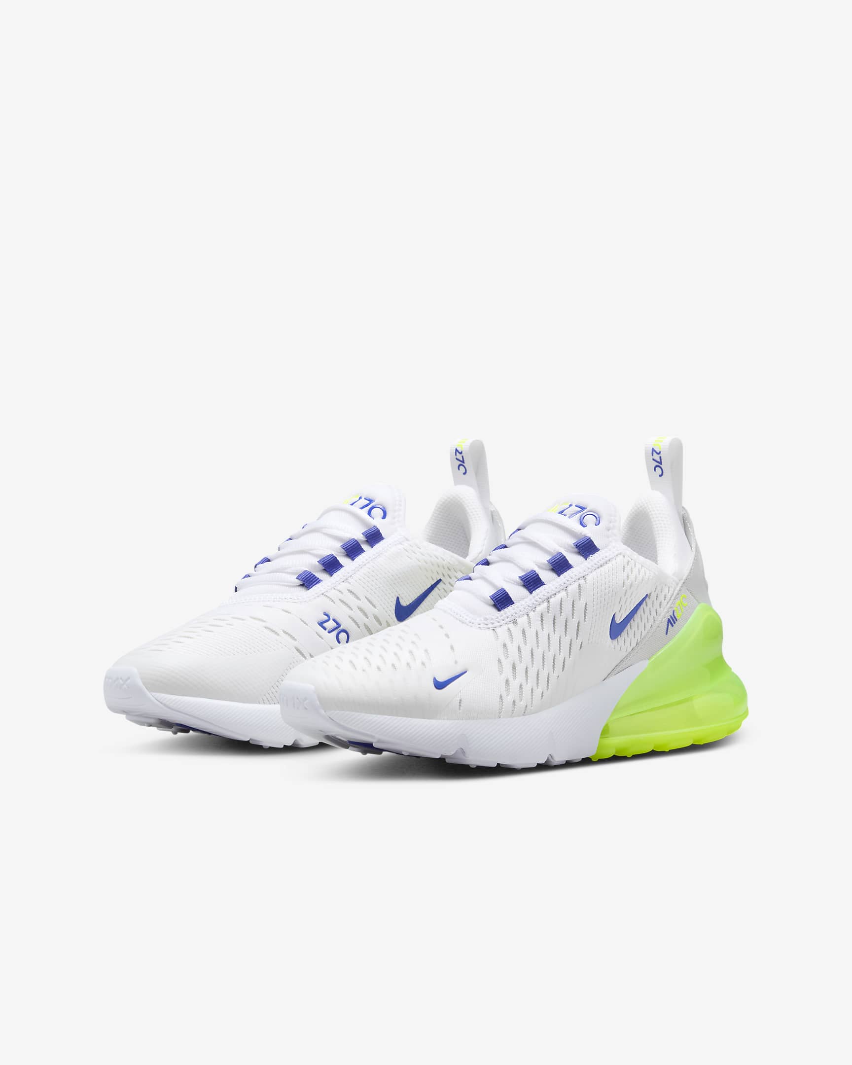 Tenis para niños grandes Nike Air Max 270 - Blanco/Volt/Polvo fotón/Azul astronómico