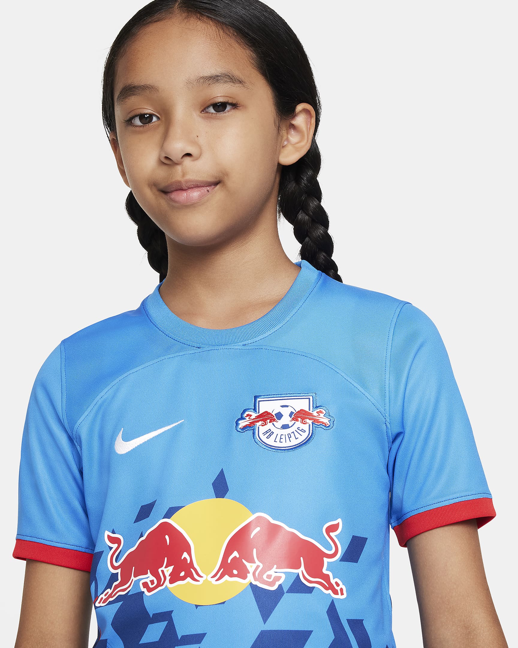 RB Leipzig 2023/24 Stadium Third Nike Dri-FIT-Fußballtrikot für ältere Kinder - Light Photo Blue/Gym Blue/Weiß