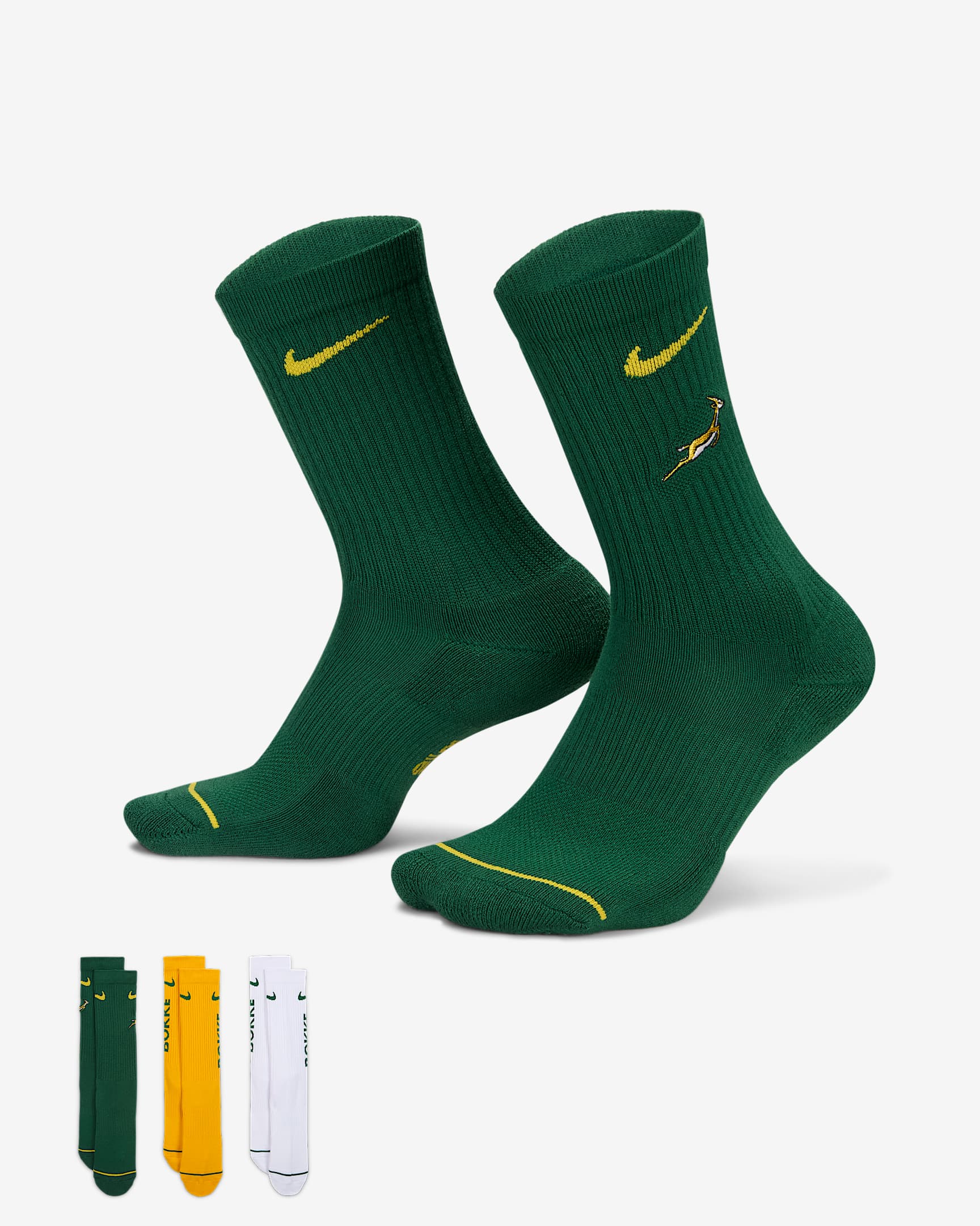 Unisex κάλτσες ράγκμπι Springboks Nike Everyday με αντικραδασμική προστασία (τρία ζευγάρια) - Gorge Green/University Gold