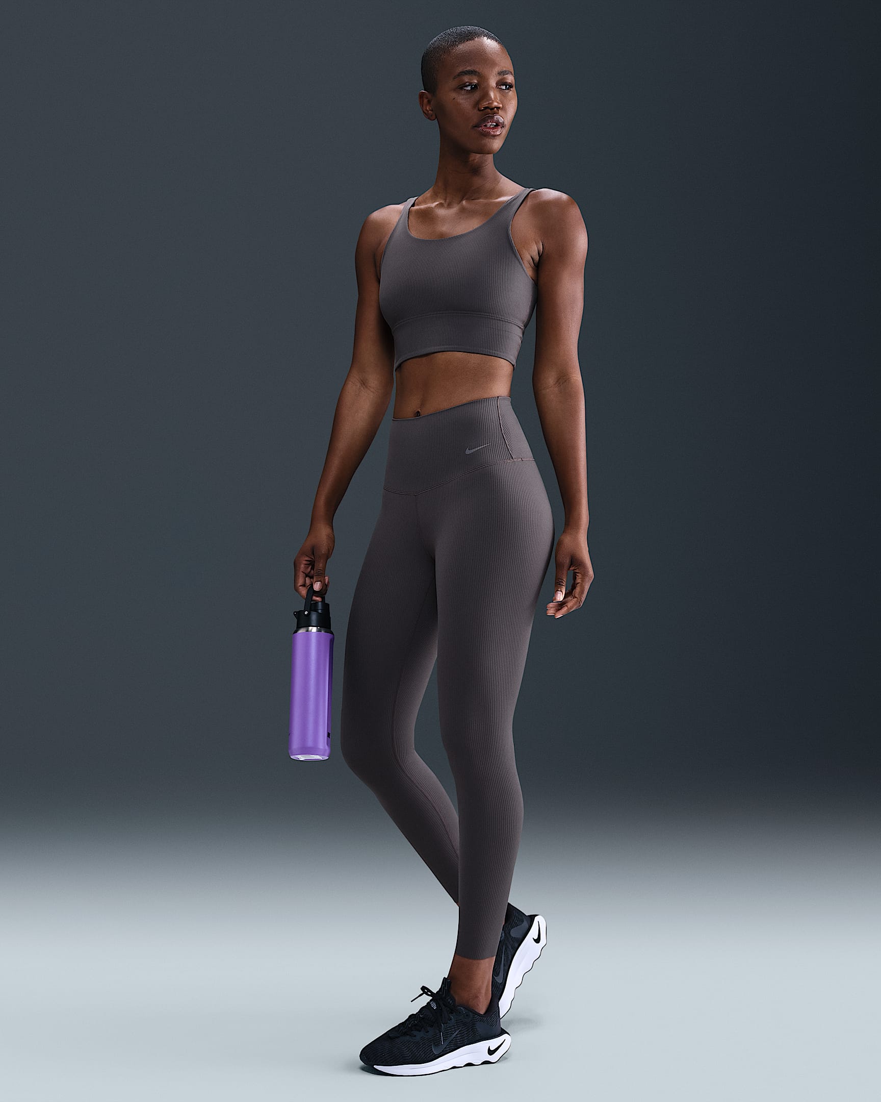 Leggings Nike Zenvy Rib i 7/8-längd med hög midja för kvinnor - Thunder Grey/Vit