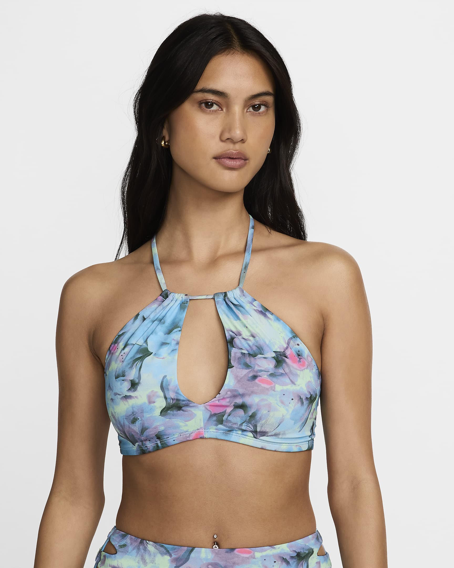 Damska góra od bikini z wiązaniem Nike Swim - Aquarius Blue/Vapor Green/Bicoastal/Midnight Navy