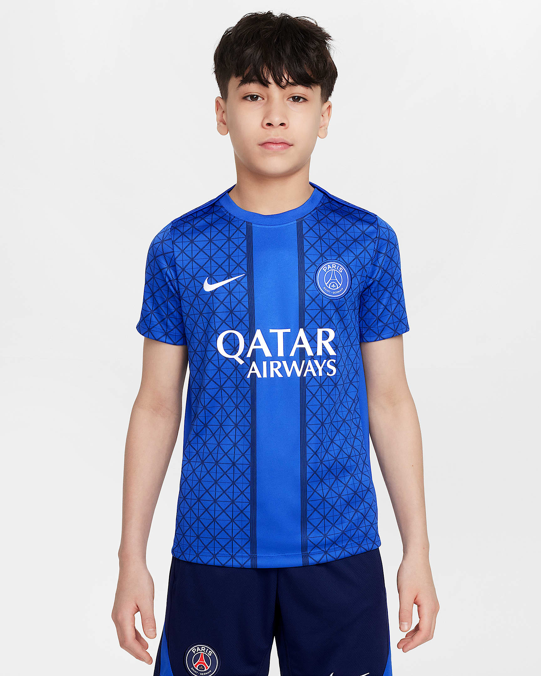 Paris Saint-Germain Academy Pro Home Big Kids' Nike Dri-FIT Soccer Pre-Match Short-Sleeve Top - Hyper Royal/Midnight Navy/White