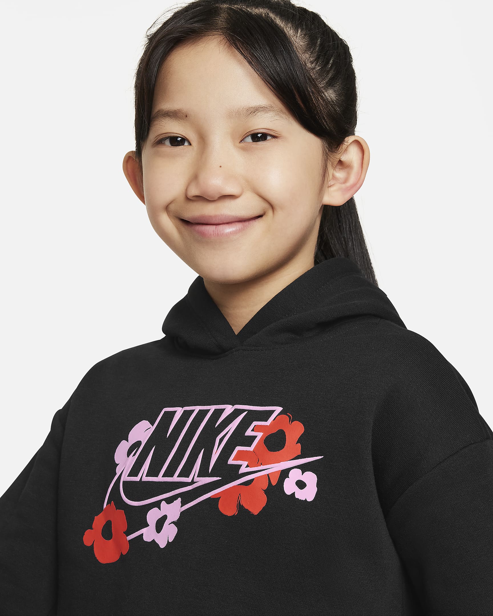 Nike Floral Fleece Younger Kids' Graphic Hoodie - Black