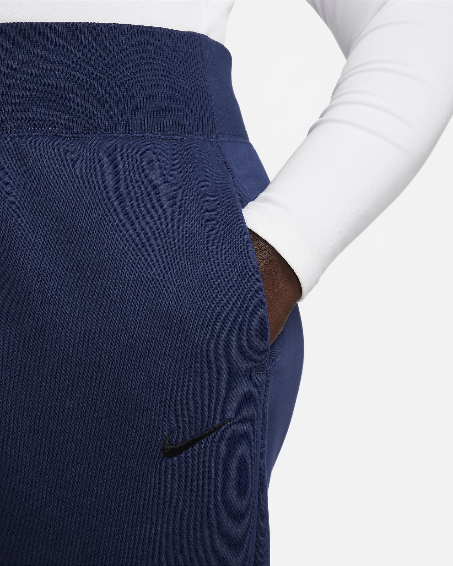 Pants de entrenamiento oversized de cintura alta para mujer (talla grande) Nike Sportswear Phoenix Fleece - Azul marino medianoche/Negro