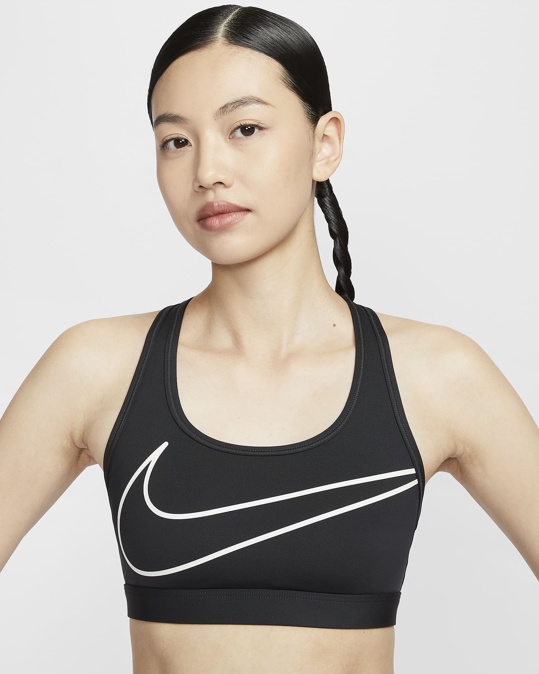 สปอร์ตบราผู้หญิงเสริมฟองน้ำ Nike Swoosh Medium Support - Off Noir/Pale Ivory/Cement Grey