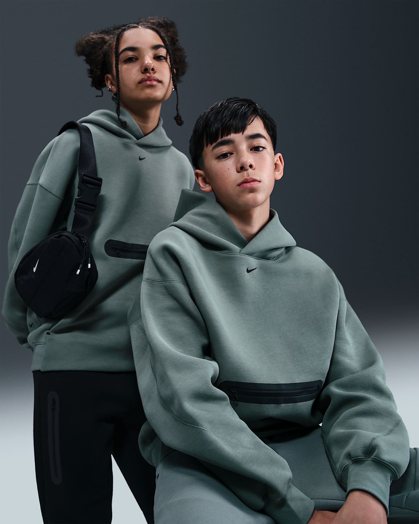 Sudadera con gorro sin cierre oversized para niño talla grande Nike Sportswear Tech Fleece - Verde arcilla/Negro
