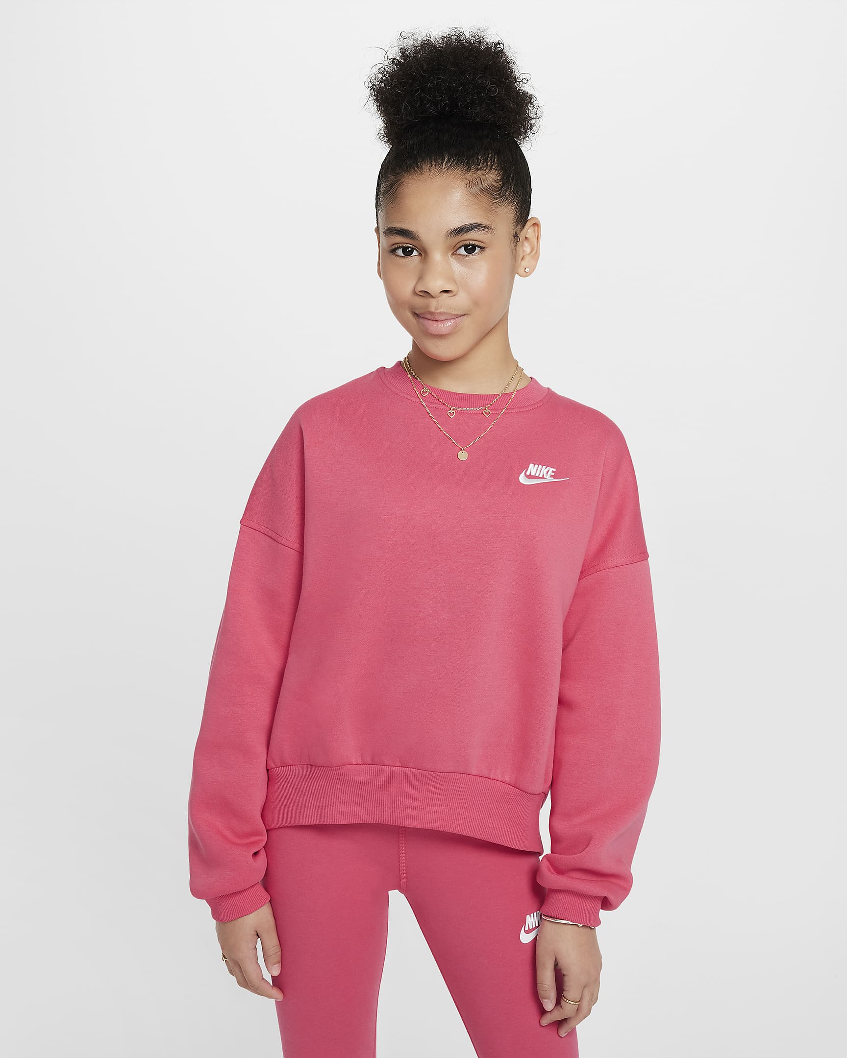 Sweat ample à col ras-du-cou Nike Sportswear Club Fleece pour fille - Aster Pink/Blanc