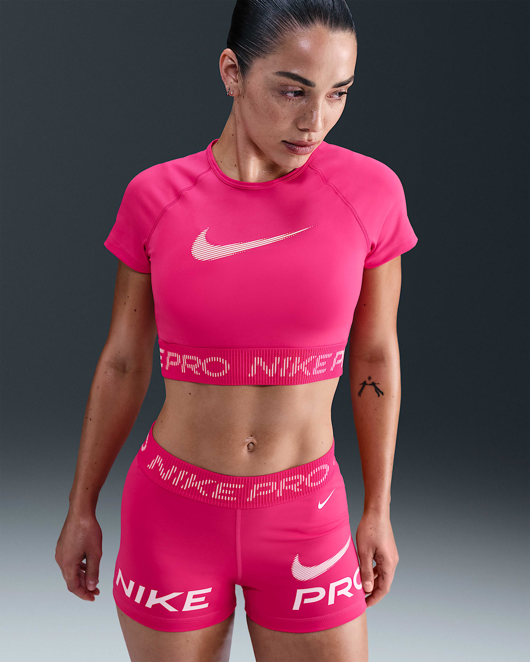 Nike Pro Women's Dri-FIT Short-Sleeve Cropped Graphic Top - Rush Pink/Pink Foam/White