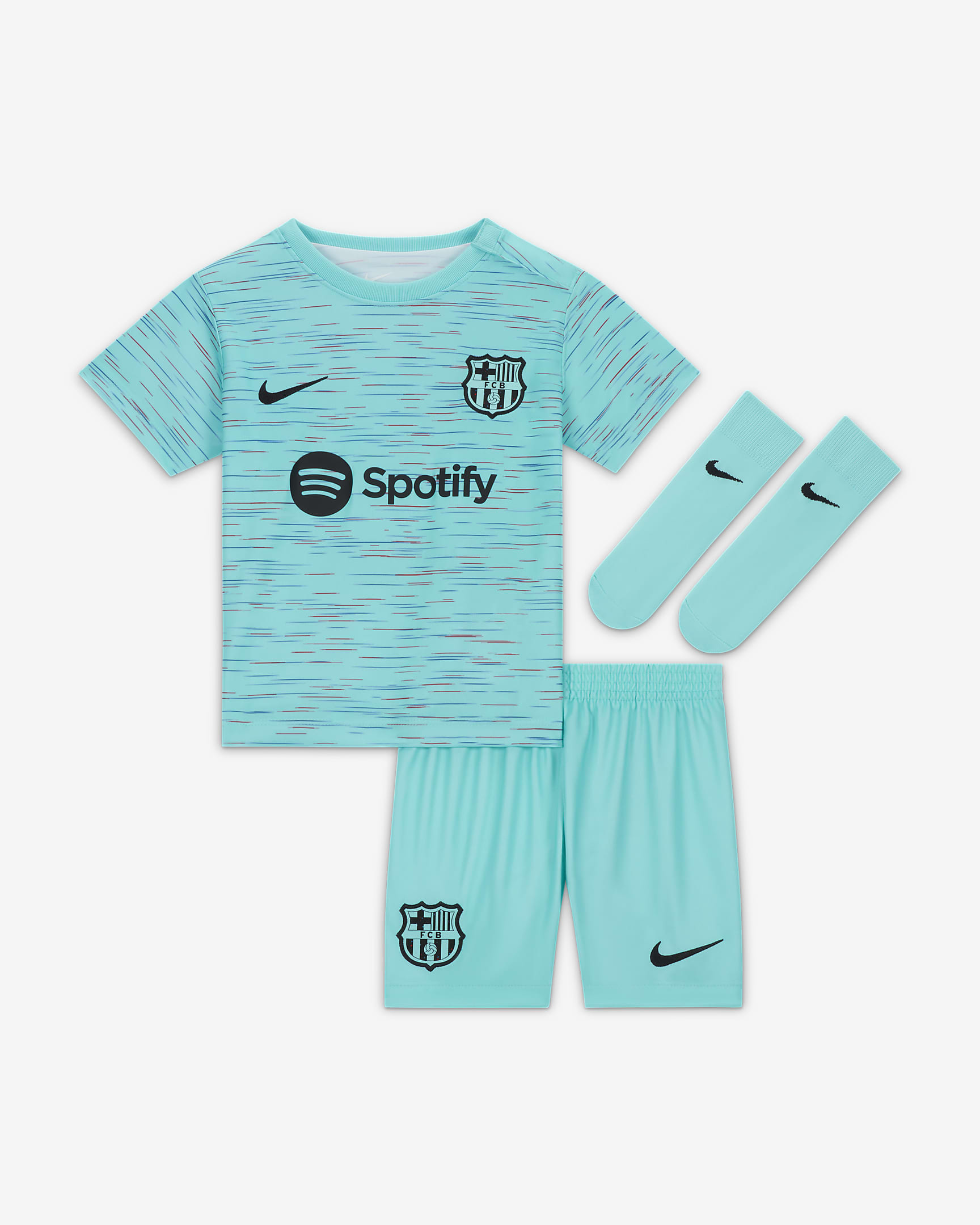 F.C. Barcelona 2023/24 Third Baby/Toddler Nike Football 3-Piece Kit - Light Aqua/Royal Blue/University Red/Black