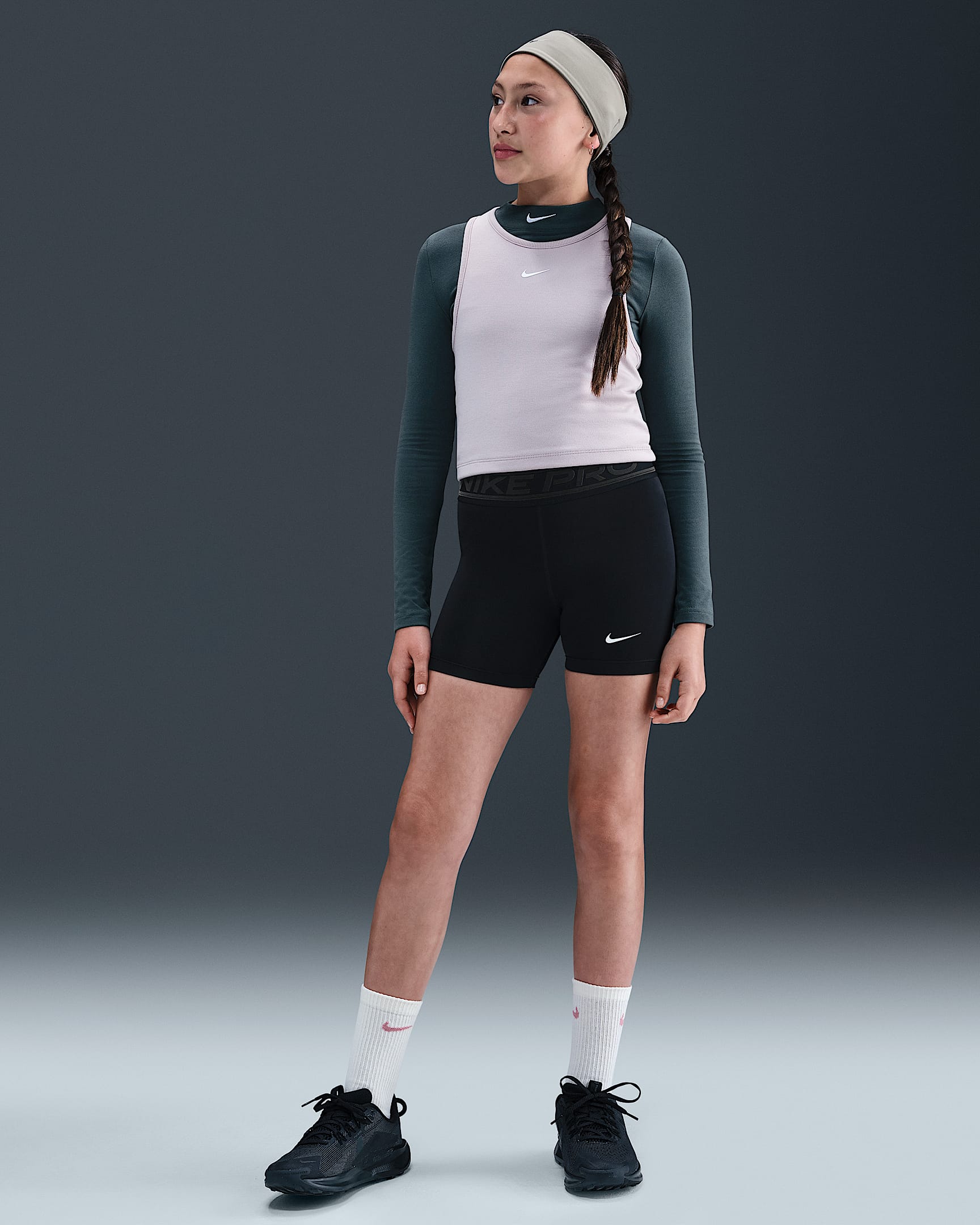 Nike Pro Older Kids' (Girls') Dri-FIT 7.5cm (approx.) Shorts - Black/Dark Smoke Grey/White