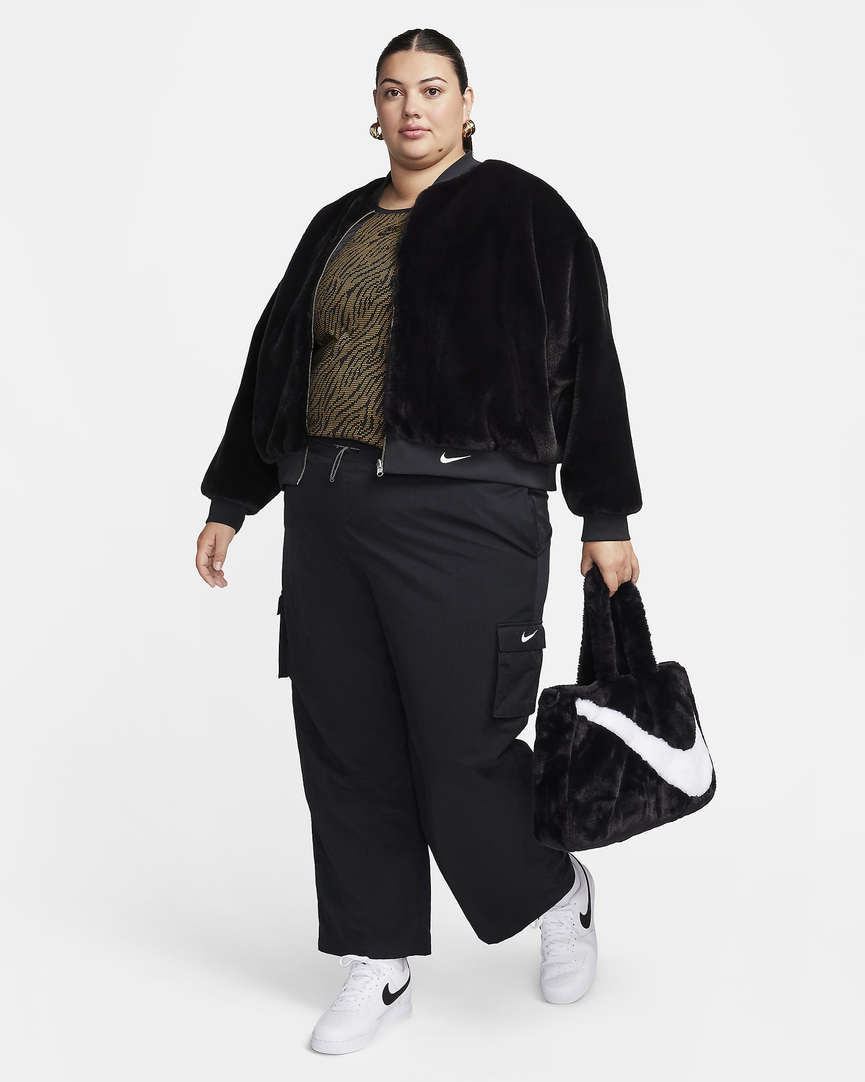 Nike Sportswear Women's Reversible Faux-Fur Bomber (Plus Size) - Black/Coconut Milk