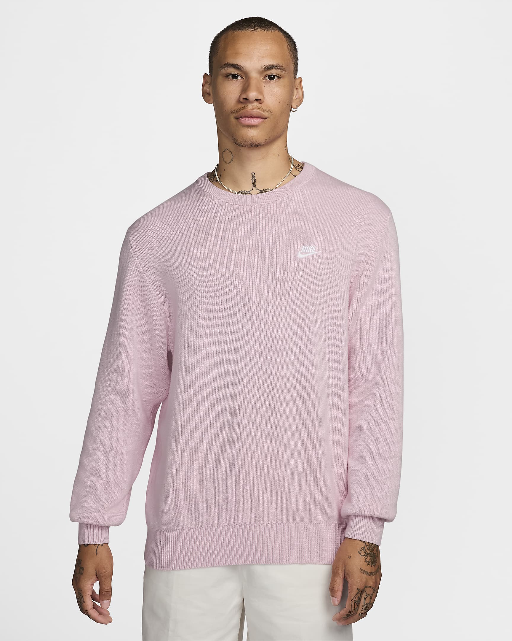 Pull à col ras-du-cou Nike Club pour homme - Pink Foam/Blanc