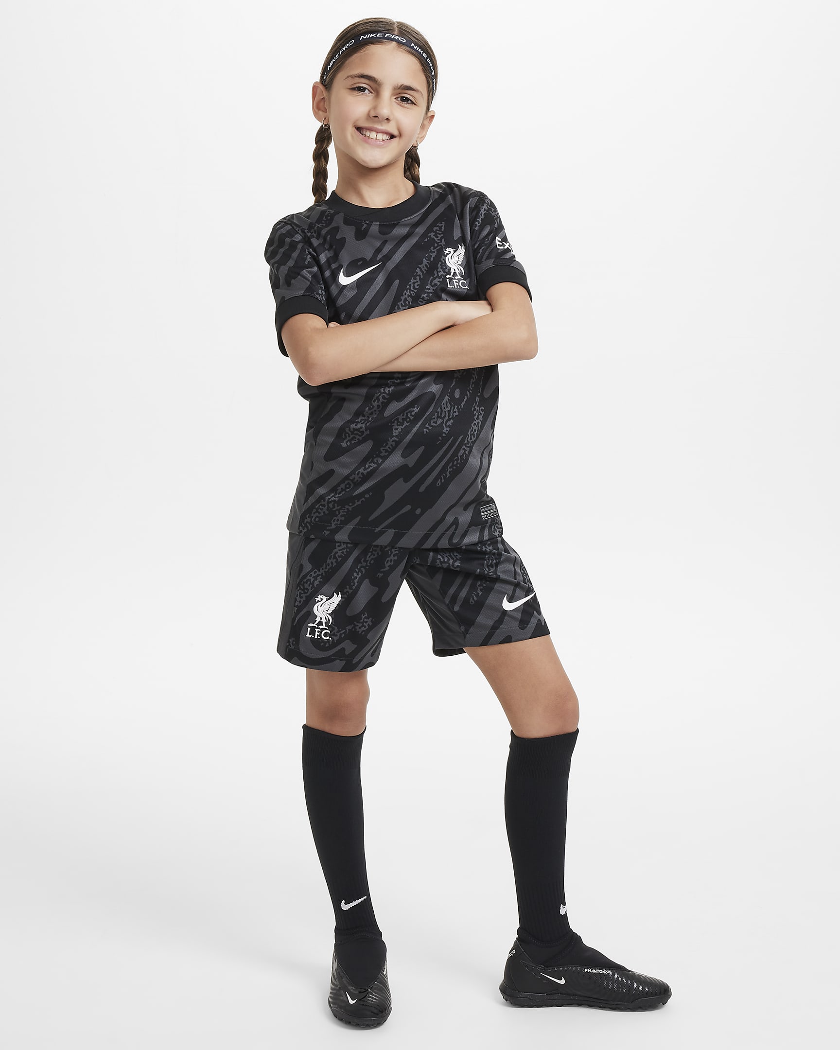 FC Liverpool 2024/25 Stadium Goalkeeper Nike Replika-Fußballshorts mit Dri-FIT-Technologie (ältere Kinder) - Anthracite/Schwarz/Weiß