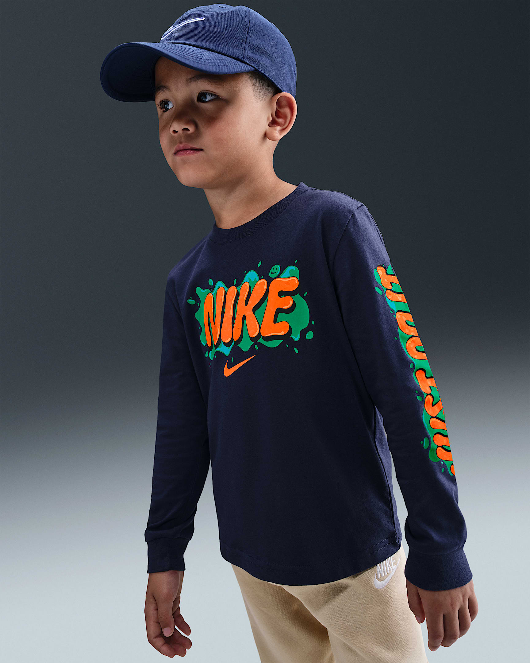 Playera de manga larga Slime para niños talla pequeña Nike - Azul marino medianoche