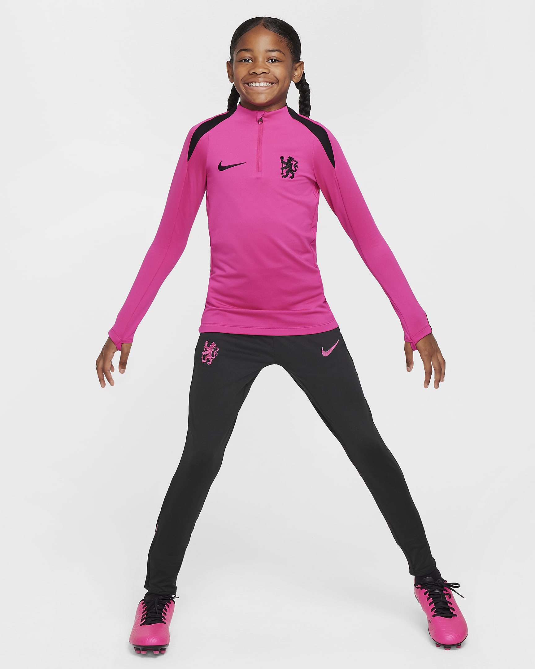 Spodnie piłkarskie dla dużych dzieci Nike Dri-FIT Chelsea F.C. Strike (wersja trzecia) - Czerń/Pink Prime