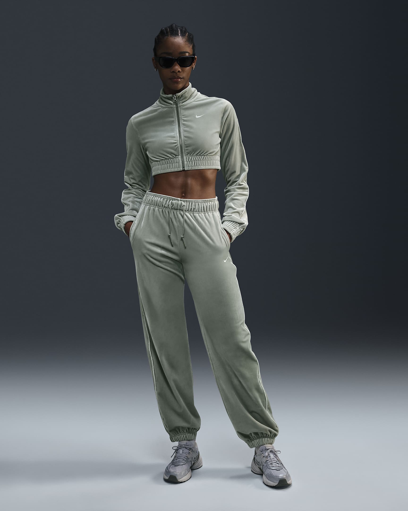 Pantaloni jogger in velour a vita media Nike Sportswear Collection – Donna - Jade Horizon/Sail/Sail