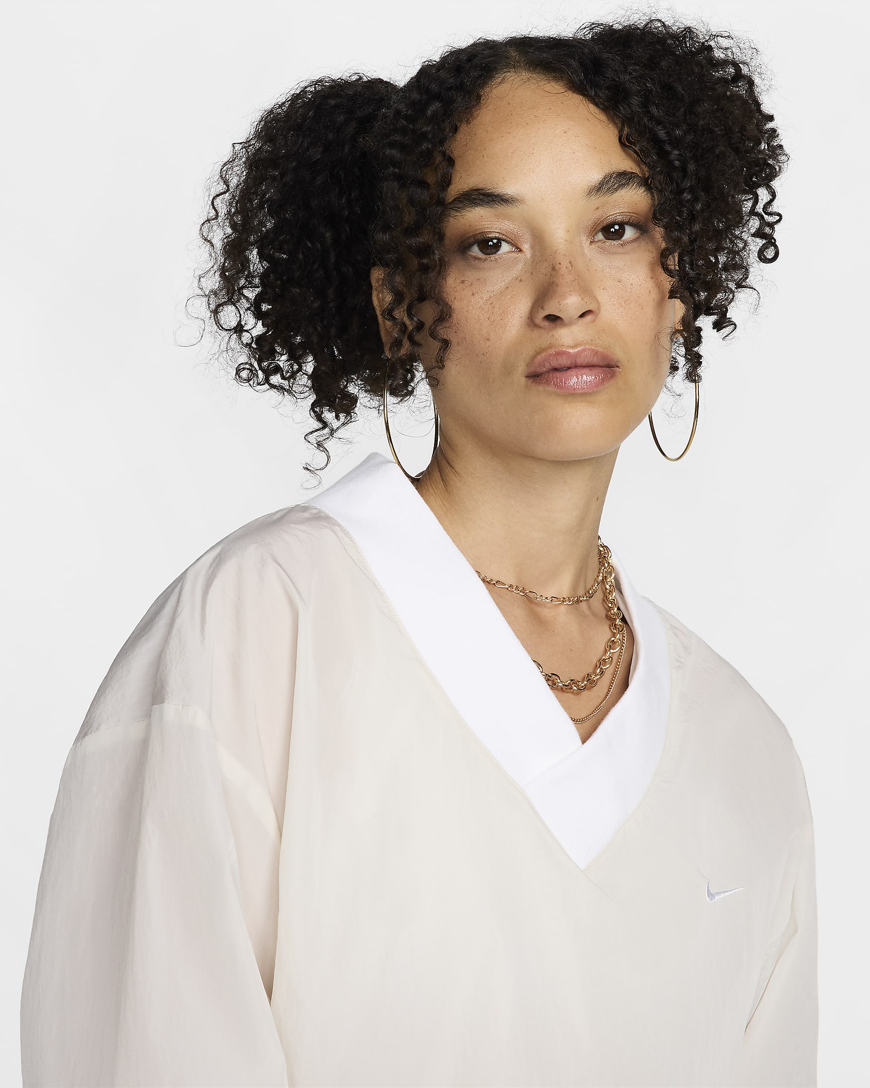 Nike Sportswear Essential Women's Loose UV Woven Long-Sleeve V-Neck Top - Light Orewood Brown/White