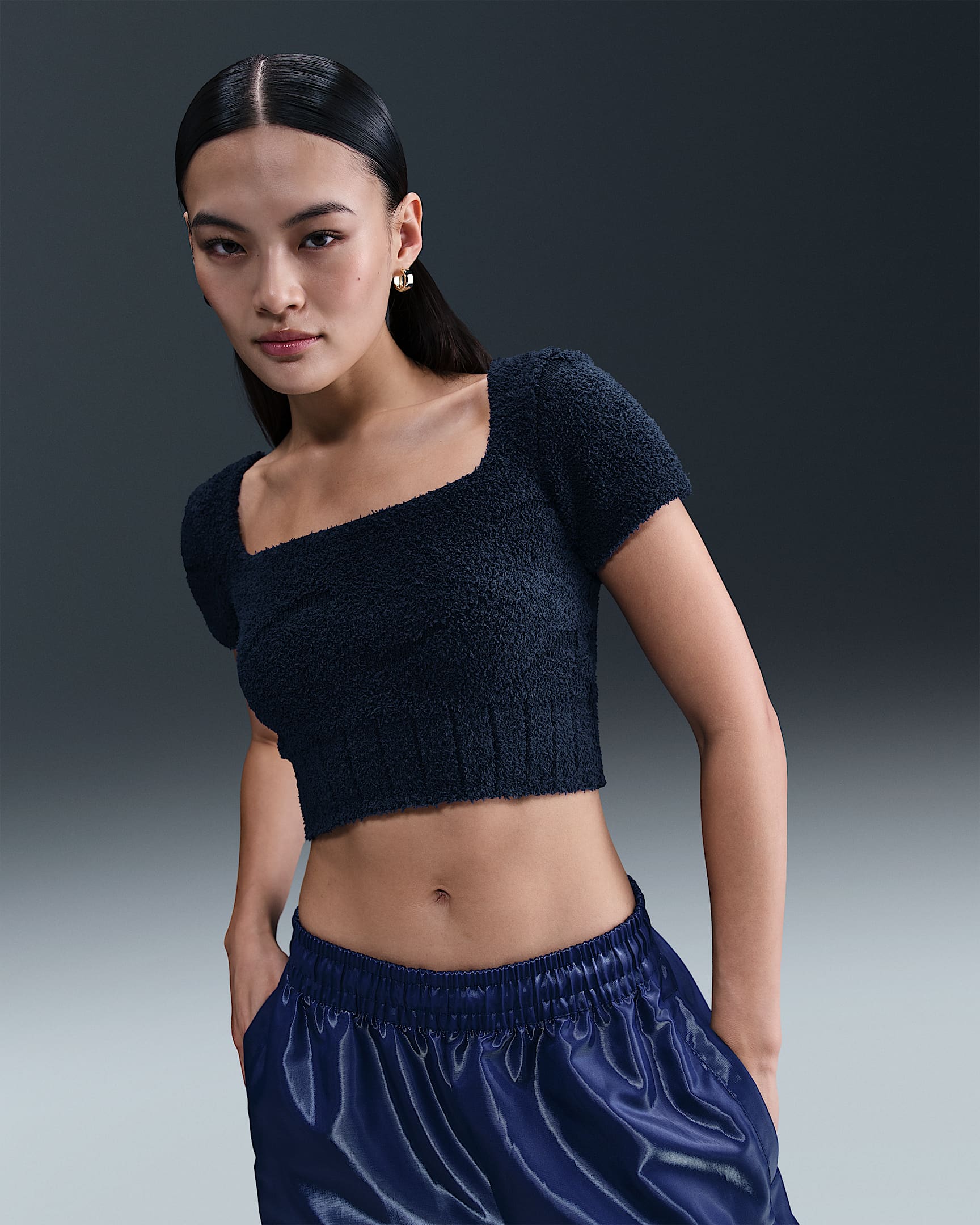 Playera tejida de manga corta cropped para mujer Nike Sportswear Phoenix Cozy Bouclé - Azul marino medianoche/Obsidiana/Azul marino medianoche