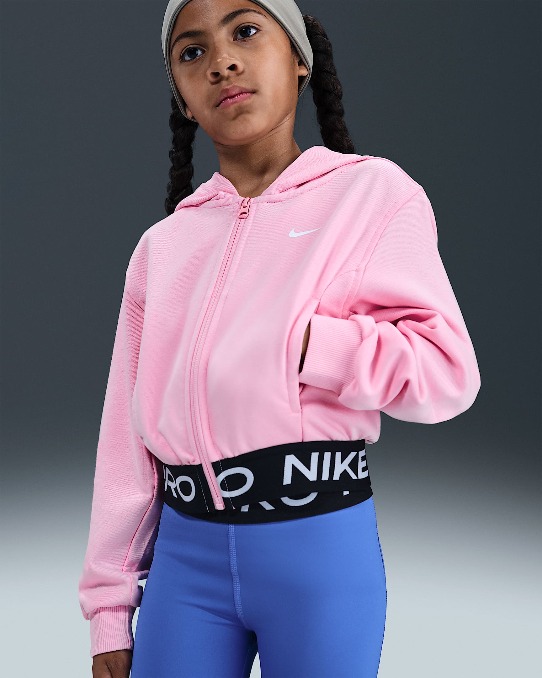 Felpa con cappuccio e zip a tutta lunghezza Dri-FIT Nike Pro Fleece – Ragazza - Medium Soft Pink/Medium Soft Pink/Nero/Bianco