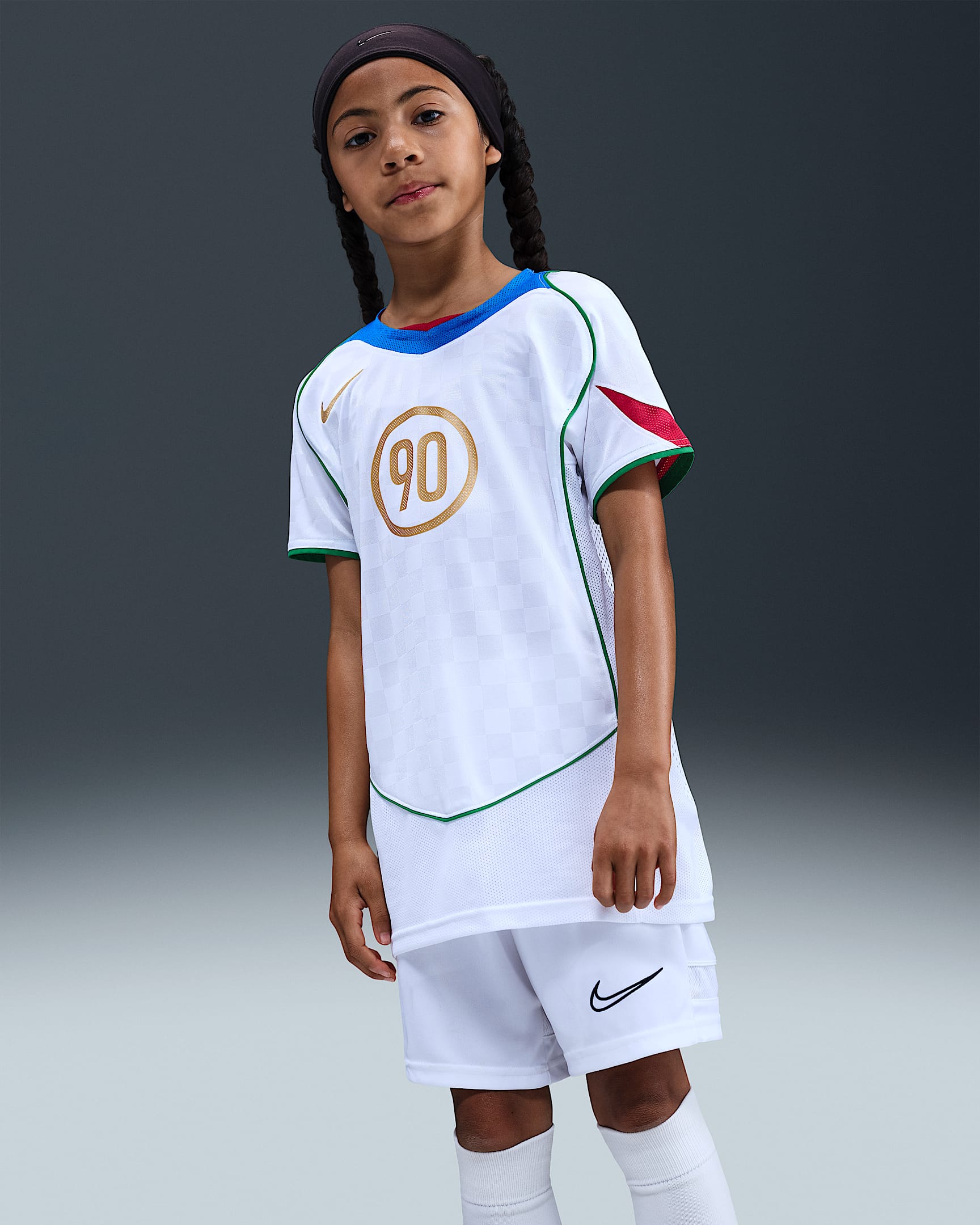 Nike Total 90 Dri-FIT Genç Çocuk Futbol Forması - Beyaz/Italy Blue/Classic Green/Metallic Gold