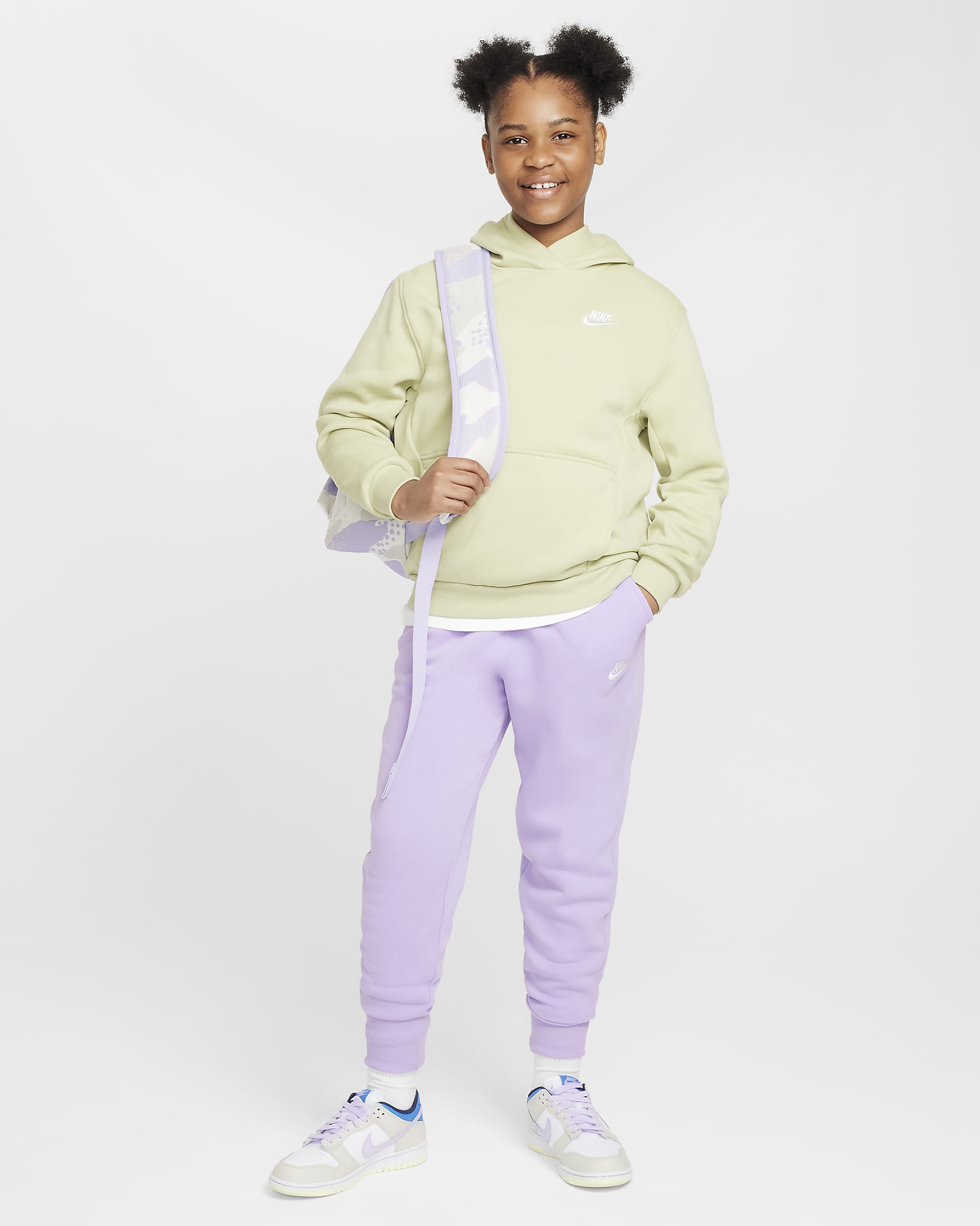 Nike Sportswear Club Fleece Older Kids' (Girls') High-Waisted Fitted Trousers (Extended Size) - Hydrangeas/Hydrangeas/White