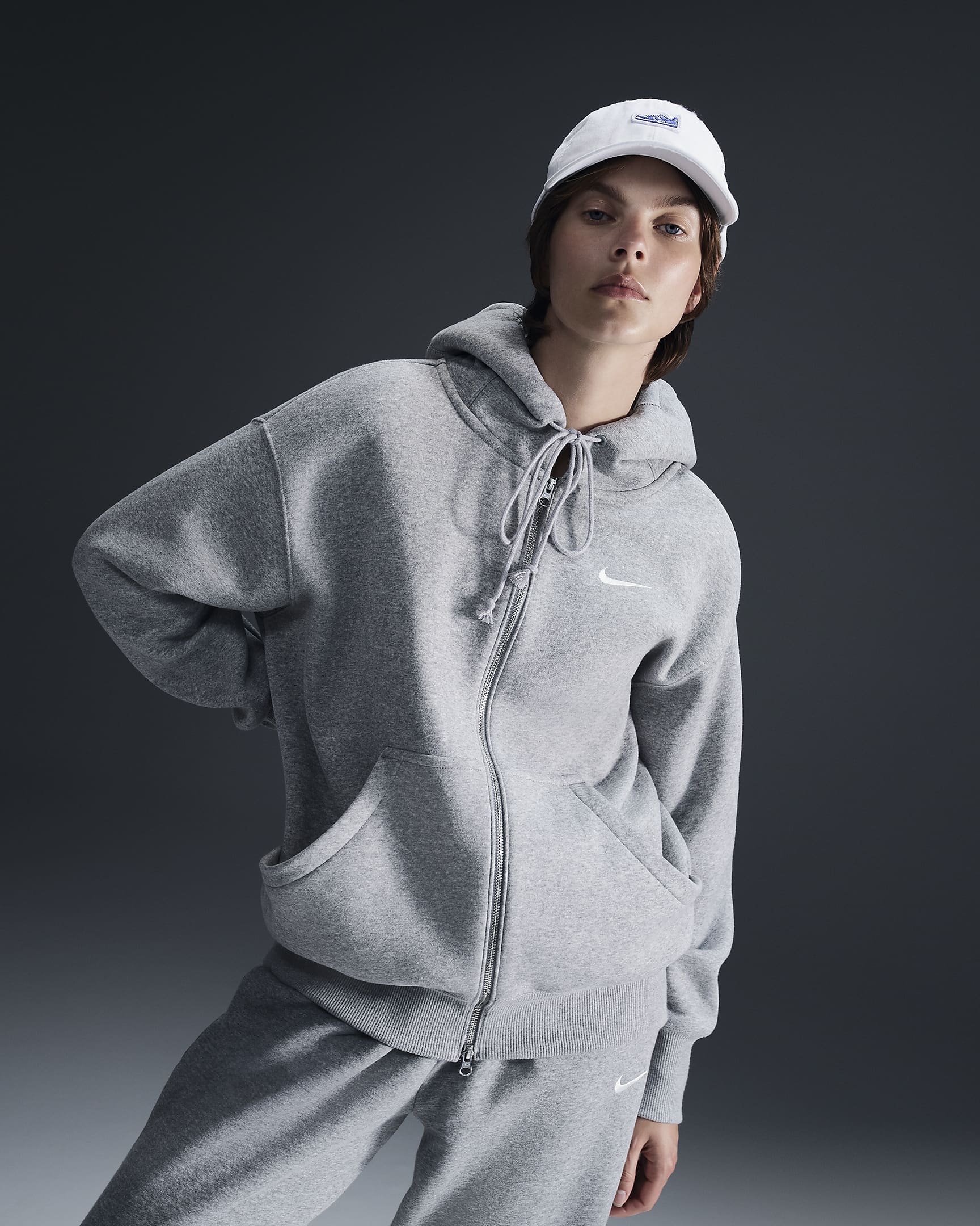 Felpa oversize con cappuccio e zip a tutta lunghezza Nike Sportswear Phoenix Fleece – Donna - Dark Grey Heather/Sail