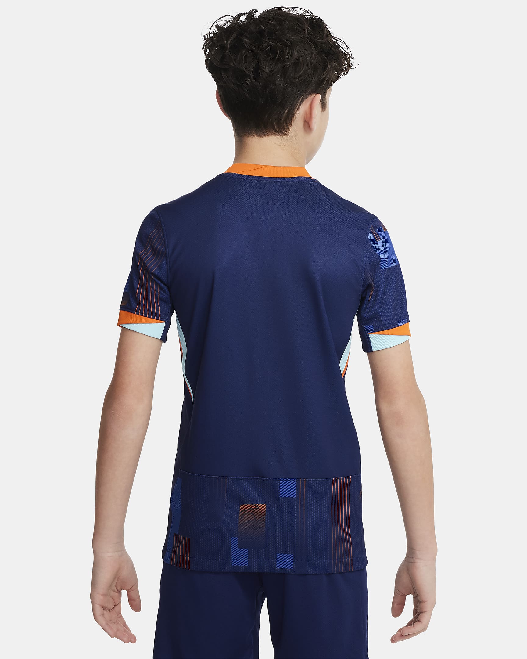 Camisola de futebol de réplica Nike Dri-FIT do equipamento alternativo Stadium Países Baixos (equipa masculina) 2024/25 Júnior - Azul Void/Laranja Safety/Copa/Branco