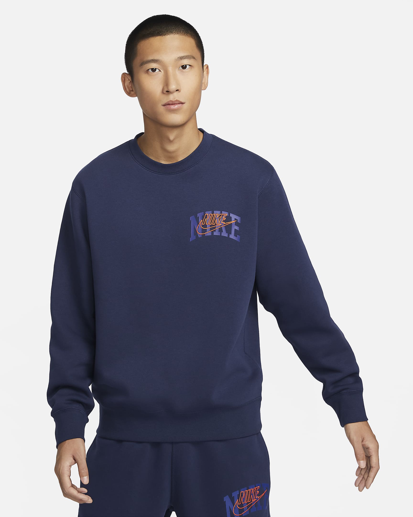 Nike Club Fleece Men's Long-Sleeve Crew-Neck Sweatshirt - Midnight Navy/Safety Orange